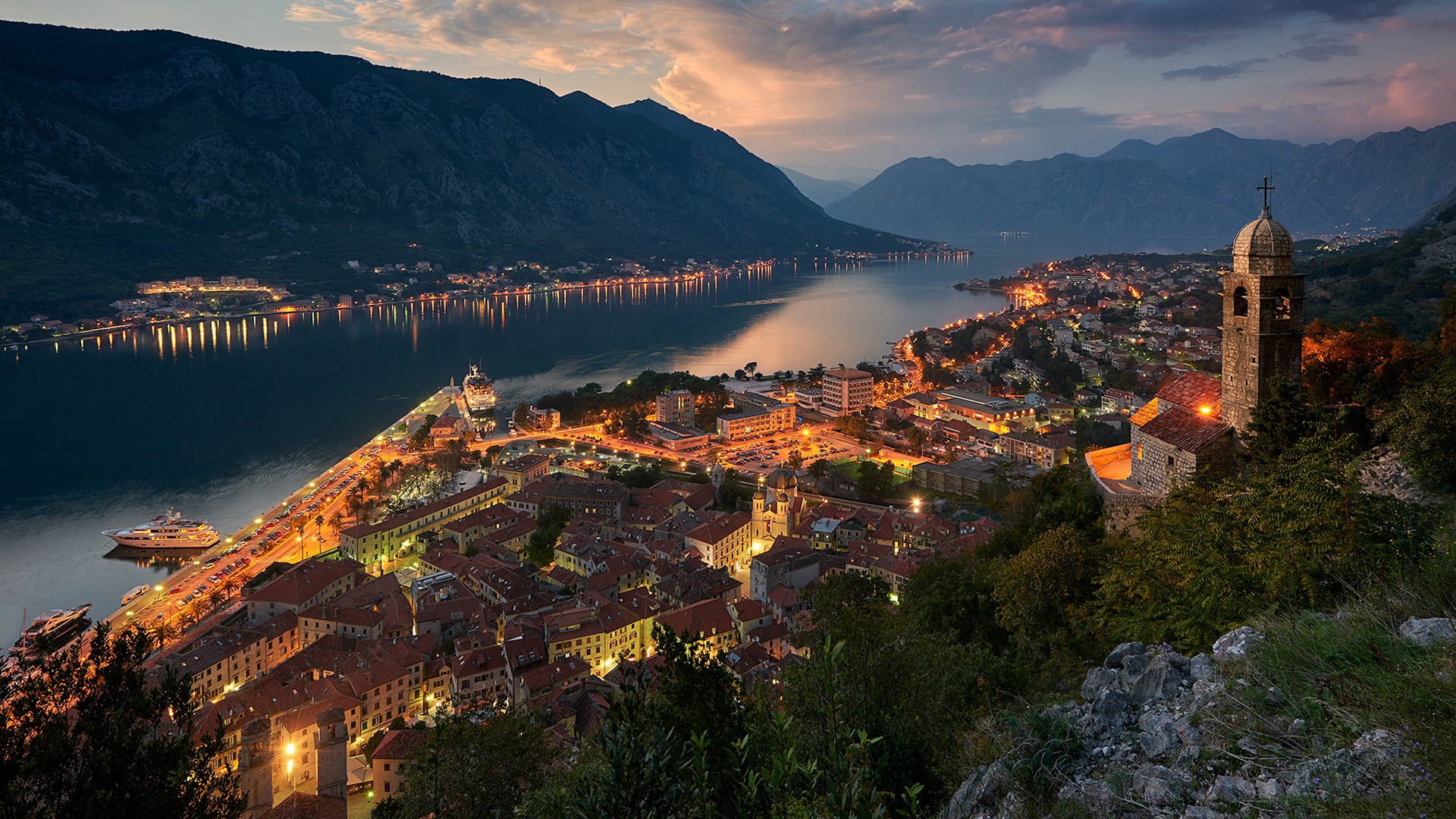 Montenegro Kotor Town Mountains Building Lights Landscape 1920x1080