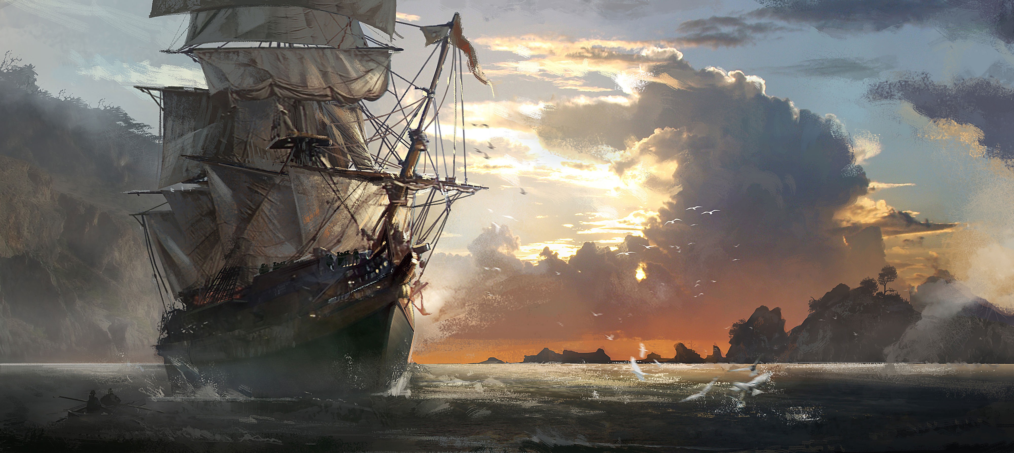 Artwork Ship Sailing Ship Assassins Creed Black Flag Video Games Assassins Creed 4000x1790