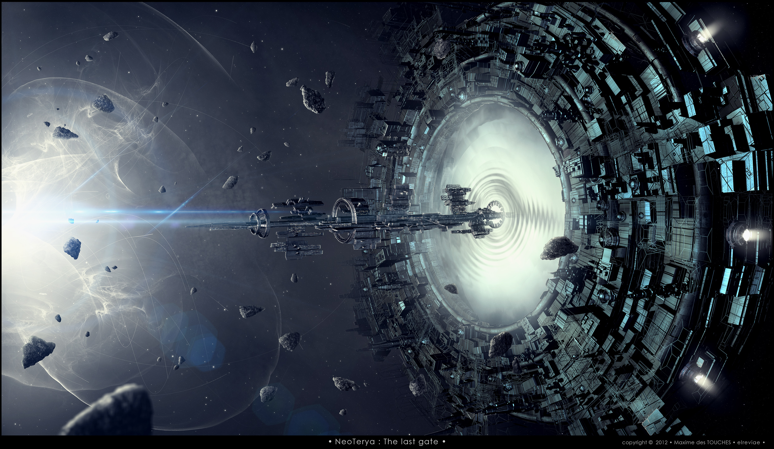 Science Fiction Gates Space Debris Rocks Asteroids Spaceship Portal Bright 2482x1440