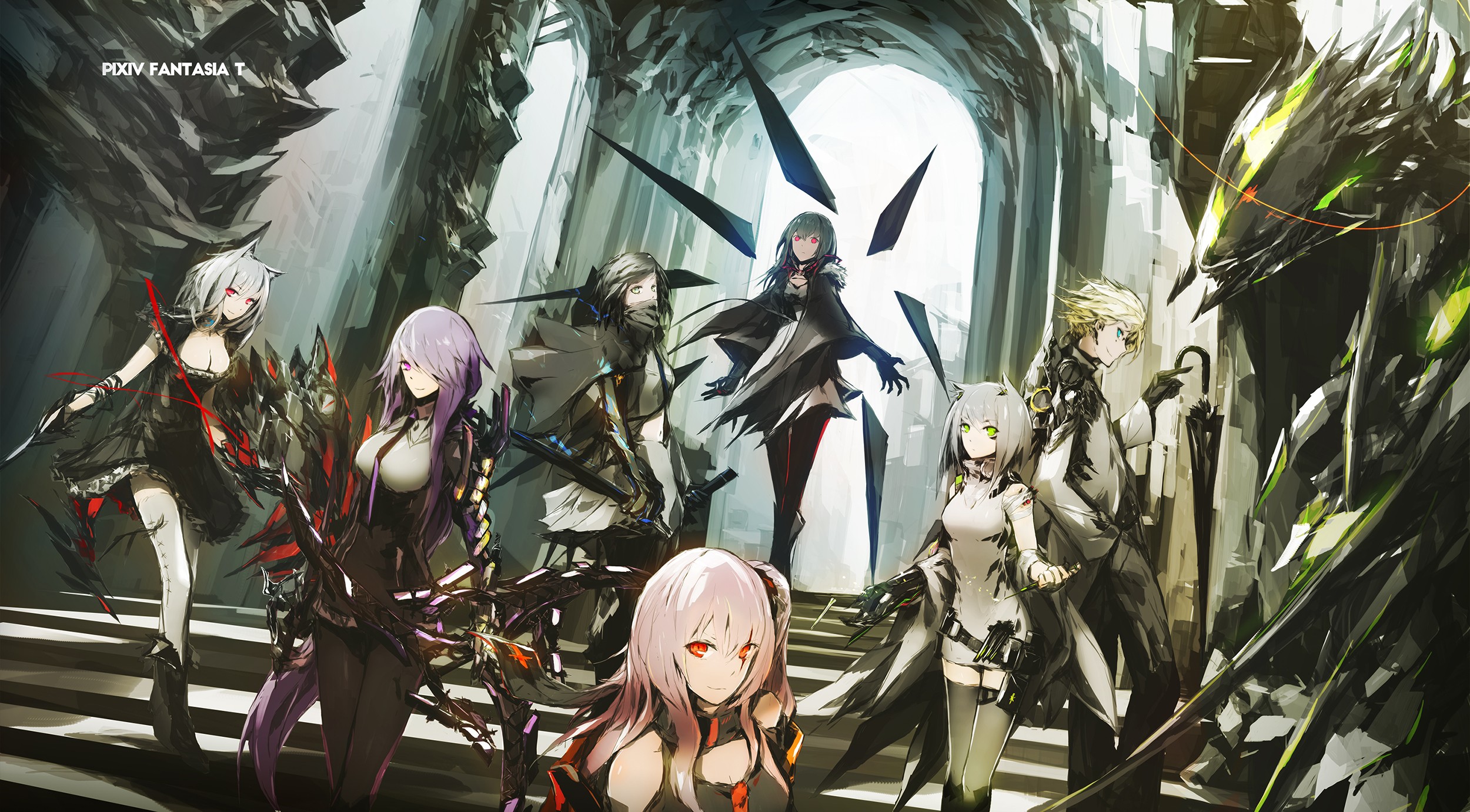 Pixiv Fantasia T Original Characters Black Dress Nekomimi Long Hair Thigh Highs Weapon Neckties Stai 2500x1382