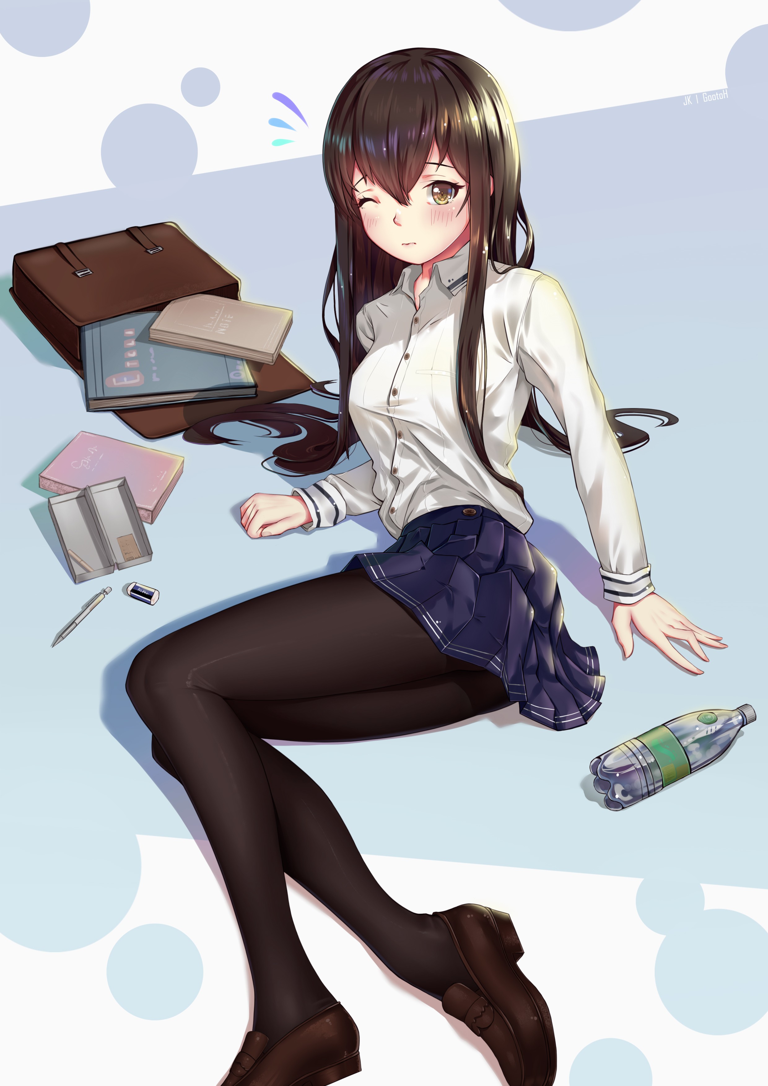 Anime Anime Girls Skirt Long Hair Brunette Yellow Eyes Books Lying On The Side Blue Background 2480x3507