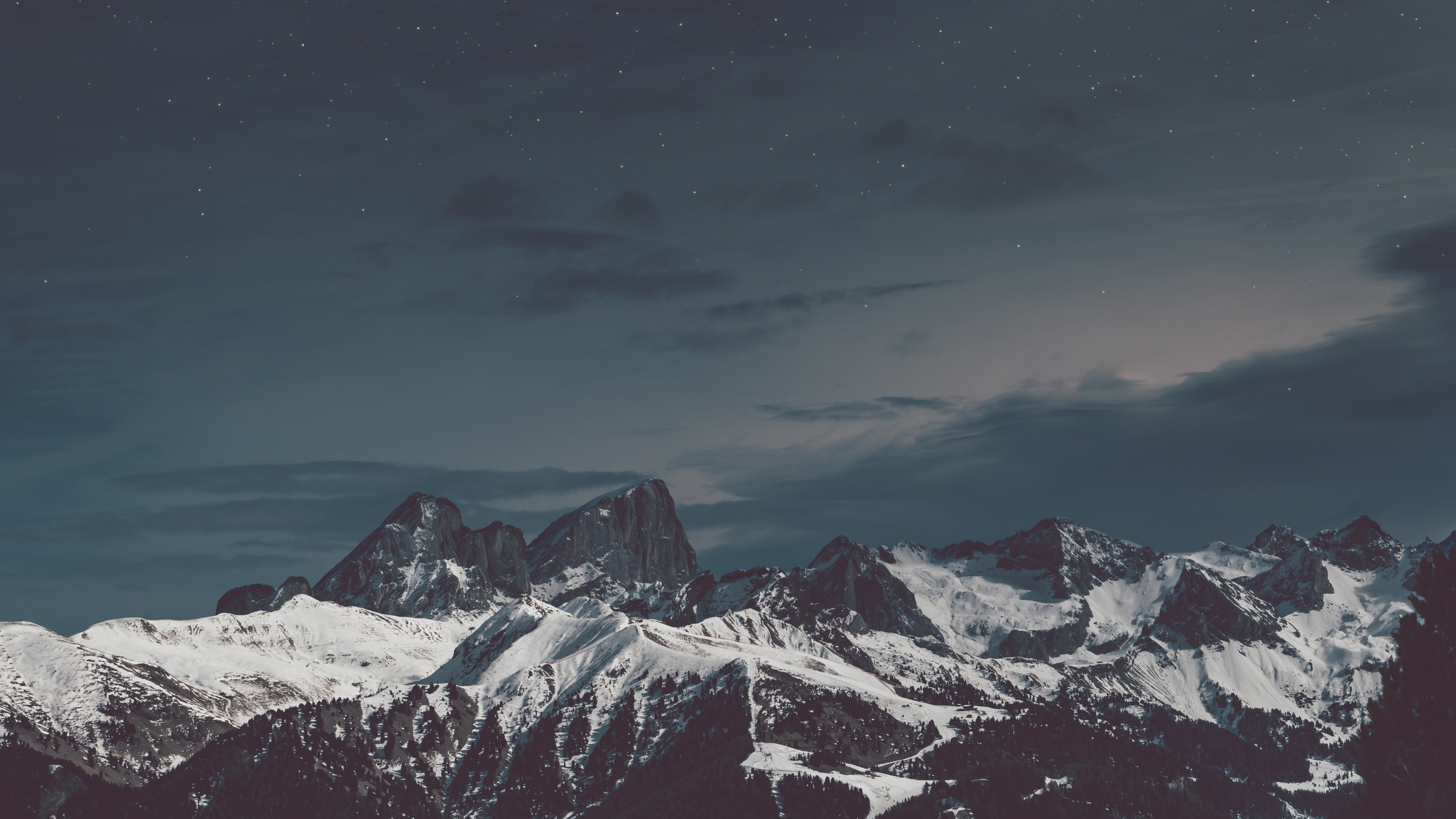 Mountains Snow Caps Night Sky Landscape 3840x2160