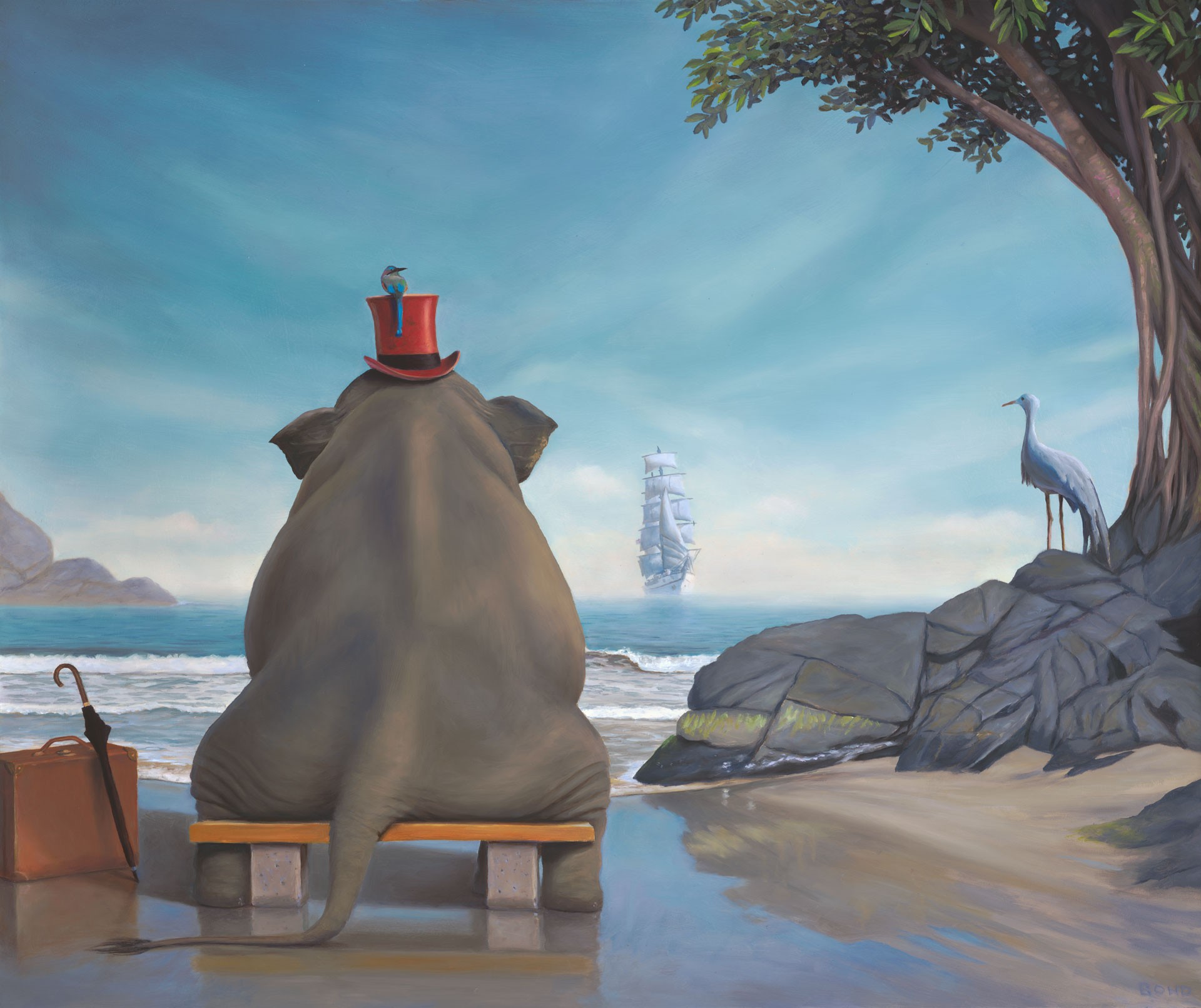 Nature Animals Digital Art Elephant Painting Artwork Surreal Sea Sailing Ship Top Hats Birds Sitting 1920x1613