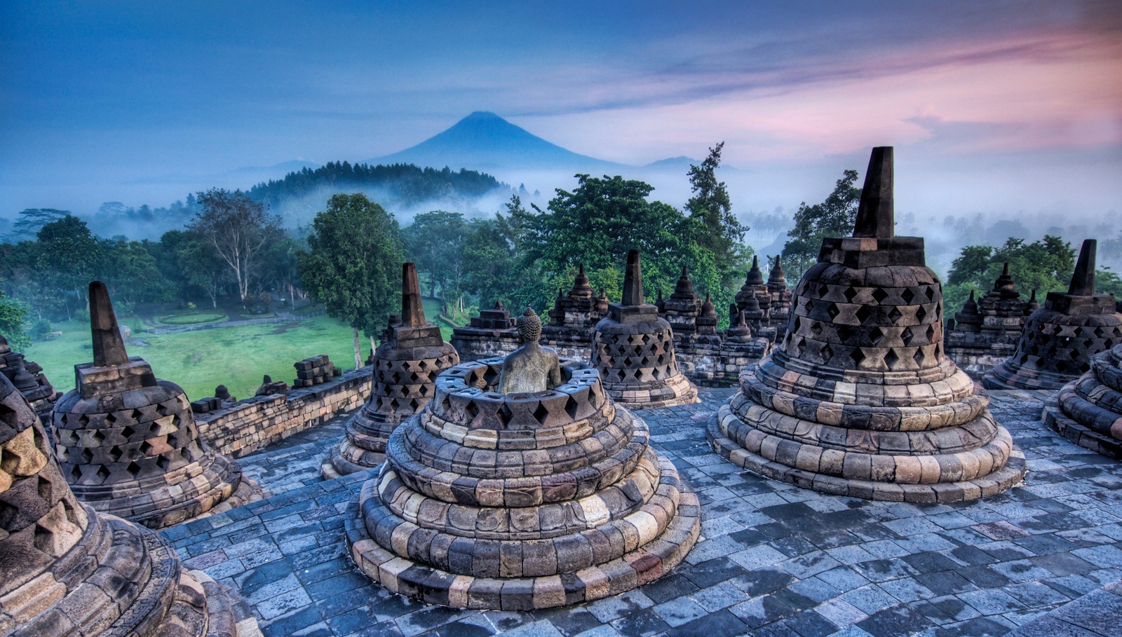 Borobudur Indonesia Statue Buddhism Forest Mist Mountains Grass World Heritage Site Nature Landscape 1600x909