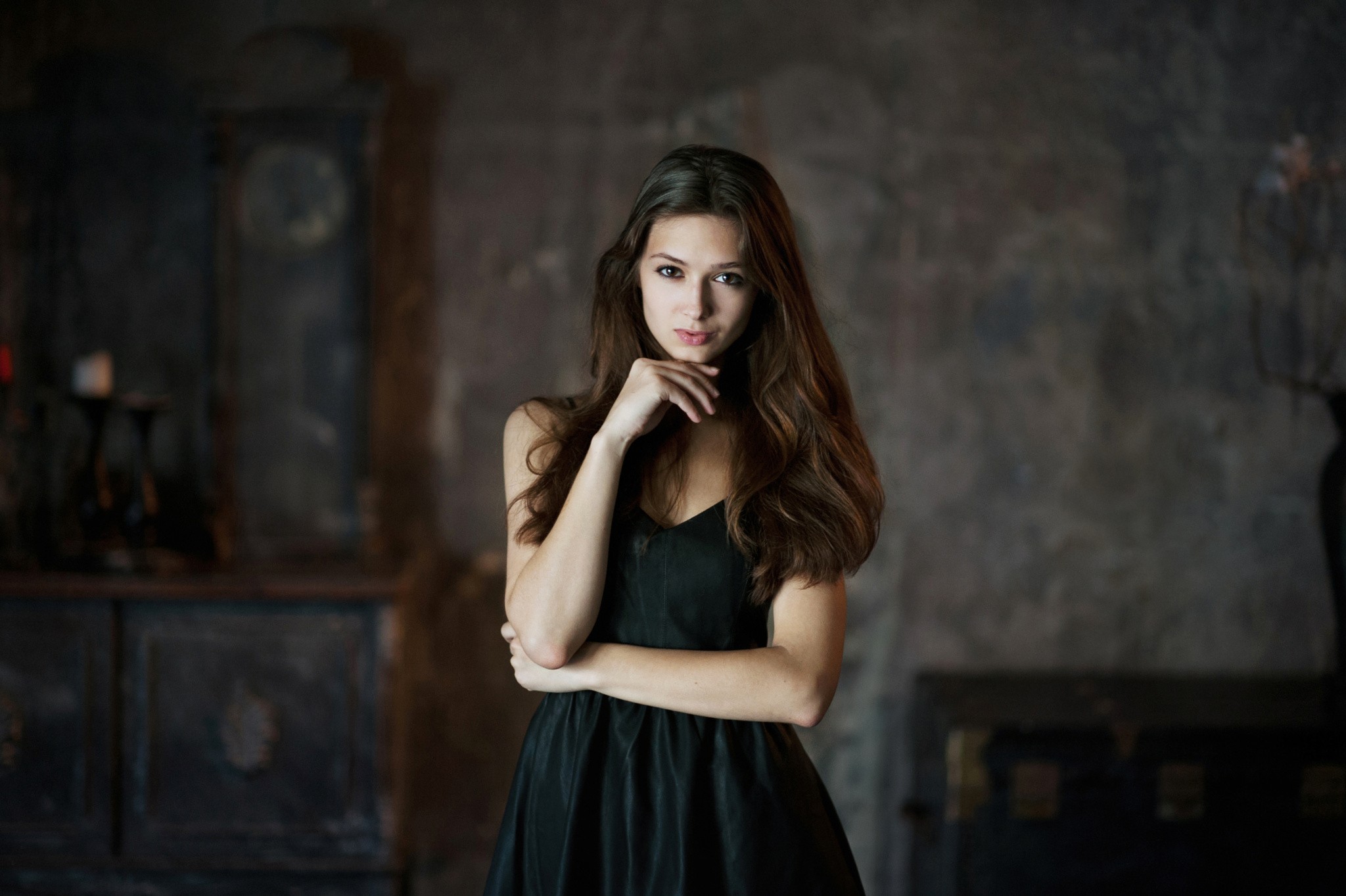 Women Model Catherine Shmeleva Portrait Brunette Maxim Maximov Dress Black Dress Long Hair Touching  2048x1363