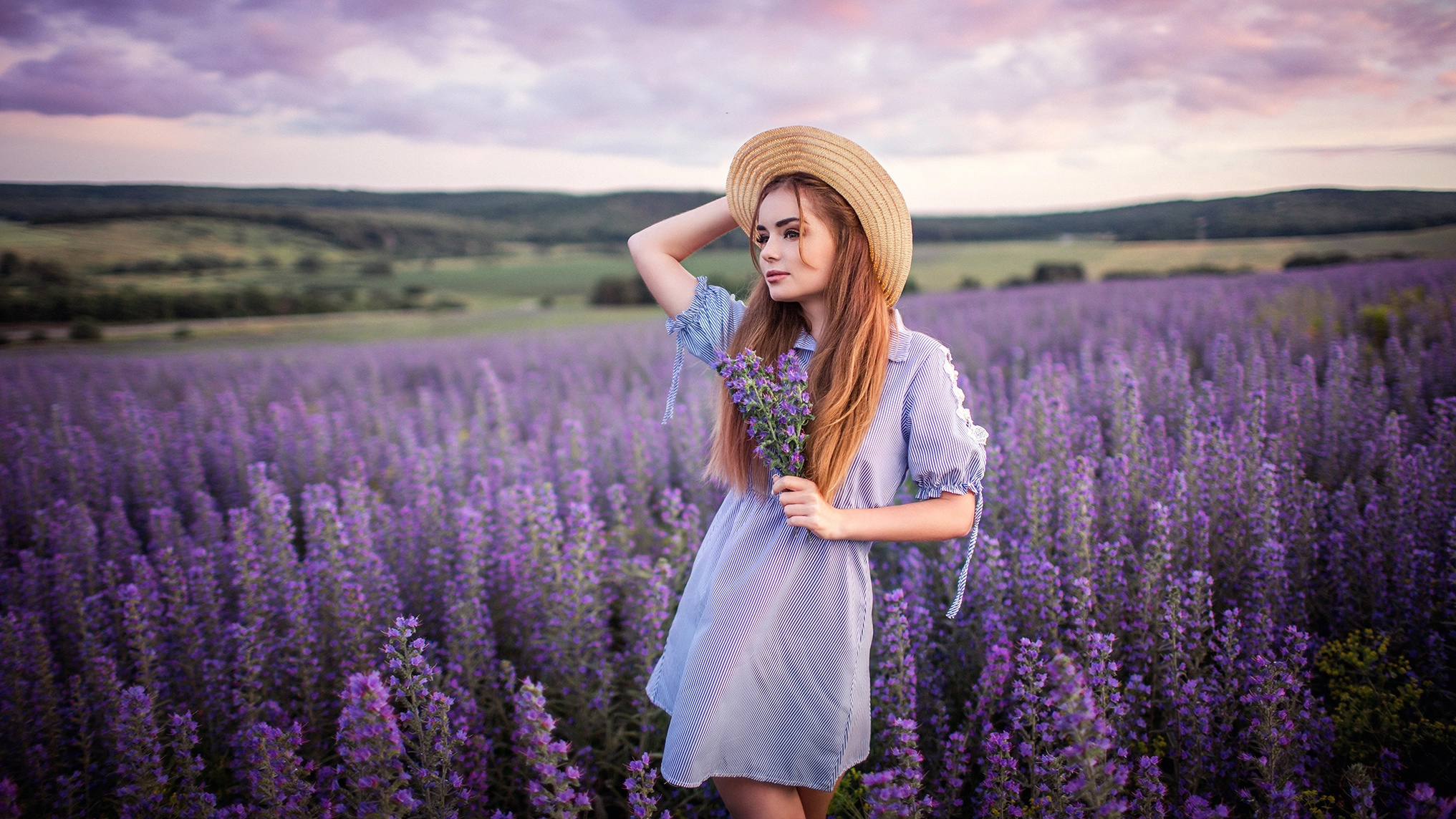 Flowers Purple Flowers Plants Landscape Hat Women Outdoors Long Hair Women Model Sergey Shatskov 2033x1144