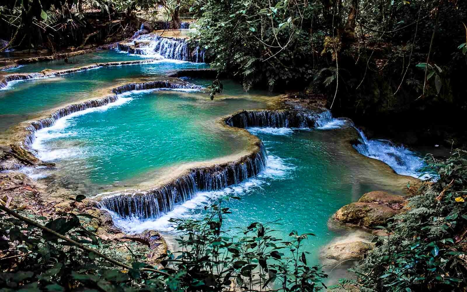 Landscape Nature Waterfall Pond Foliage Shrubs Terraces Laos 1600x1000