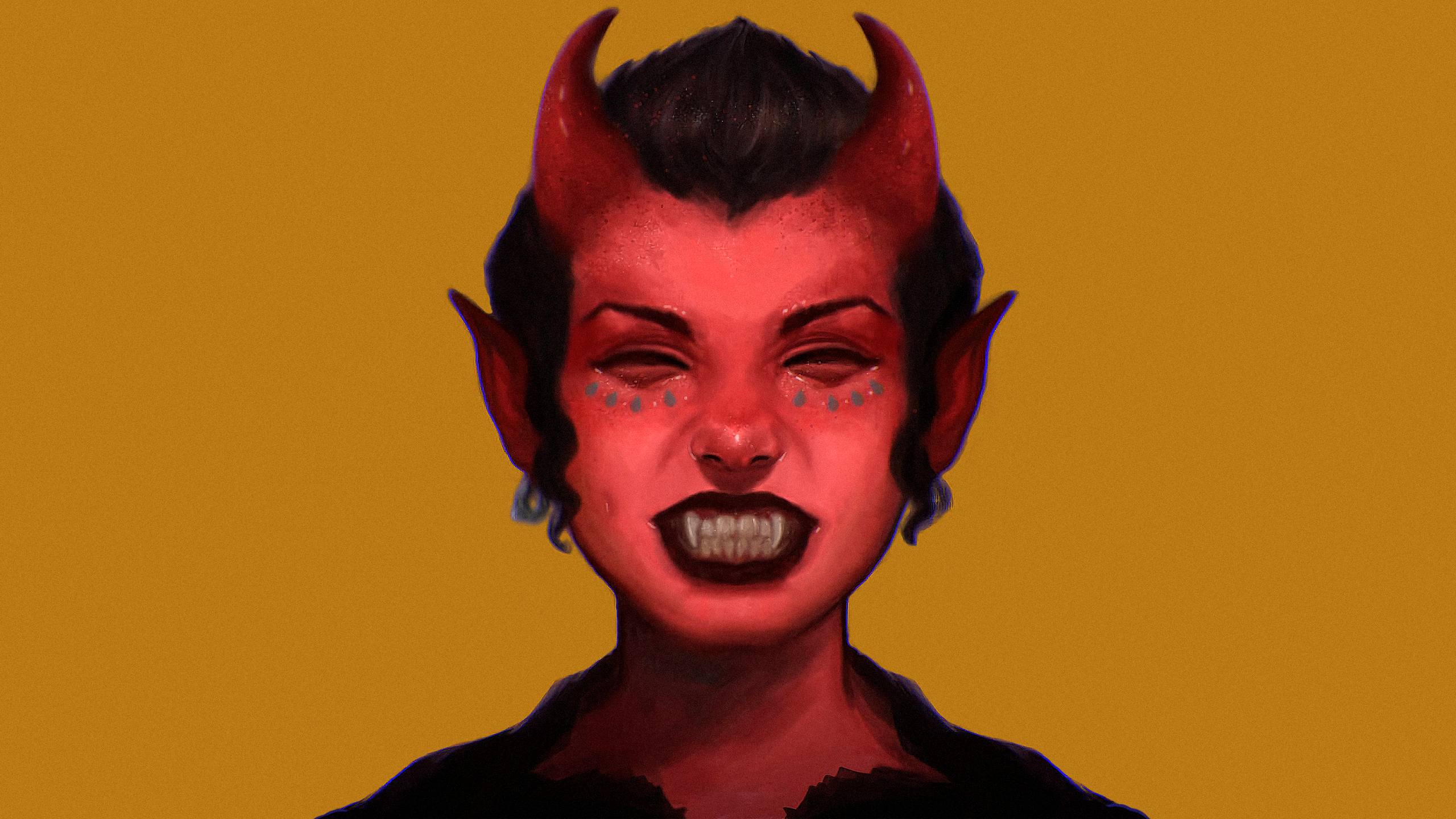 Morgyuk Devil Girl Yellow Background Digital Art Artwork Face 2560x1440