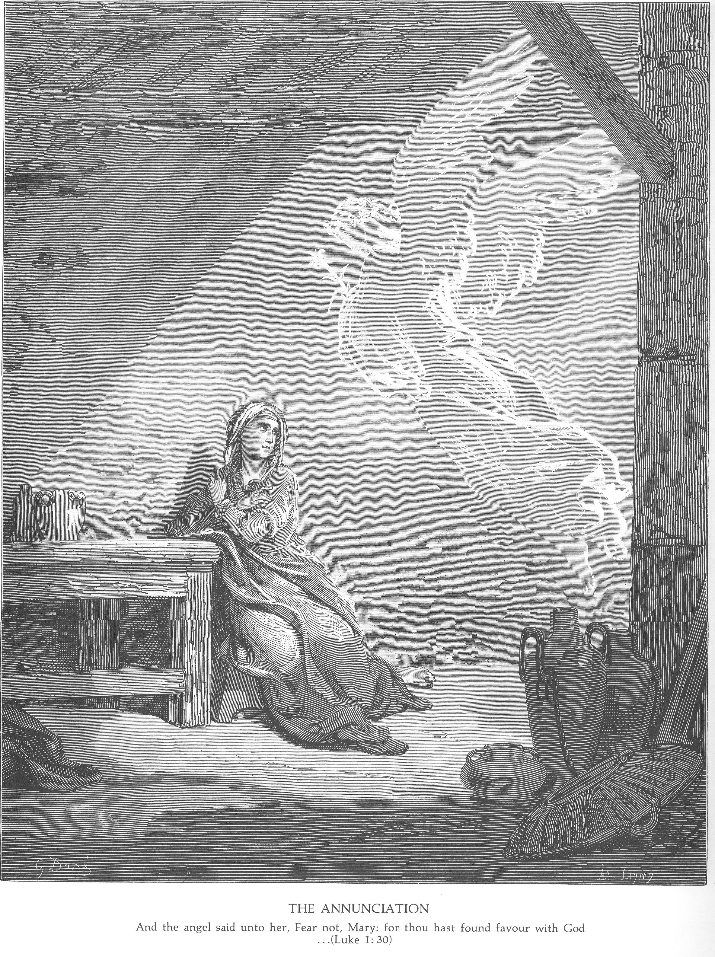 Lithograph Christianity Monochrome Virgin Mary Holy Bible Angel Gustave Dore 2369x3171