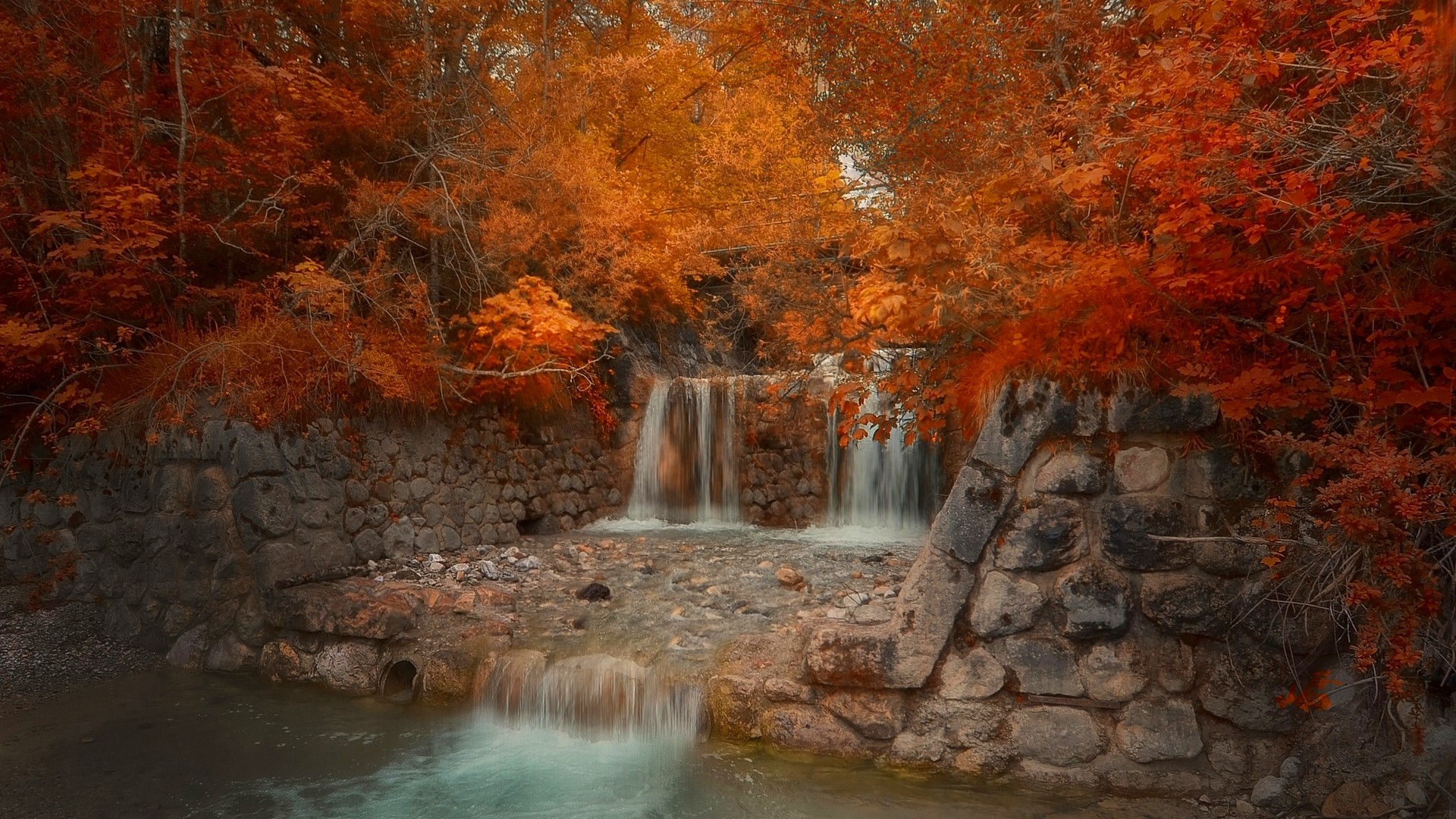 Nature Landscape Fall Bridge Park River Red Amber Leaves Trees Wall 1920x1080