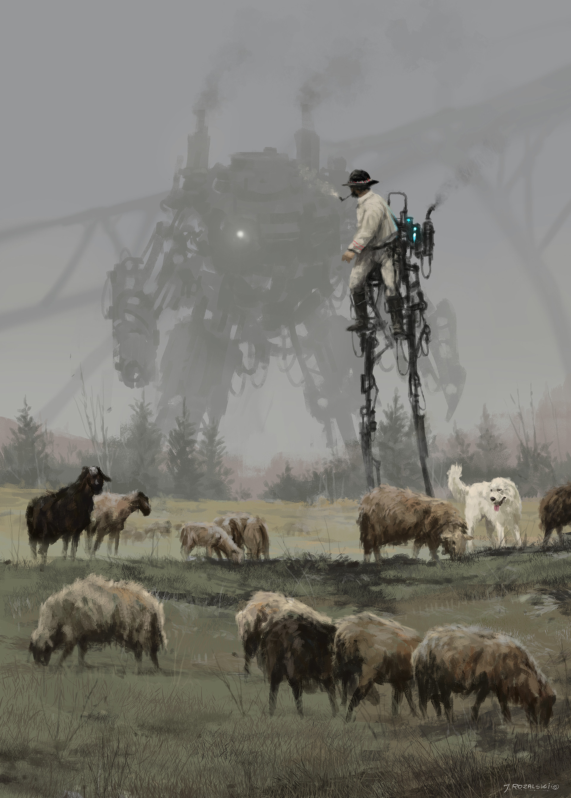 Digital Art Futuristic Robot Jakub Ro Alski Animals Sheep Nature Mist Dog Portrait Display Painting  1920x2685