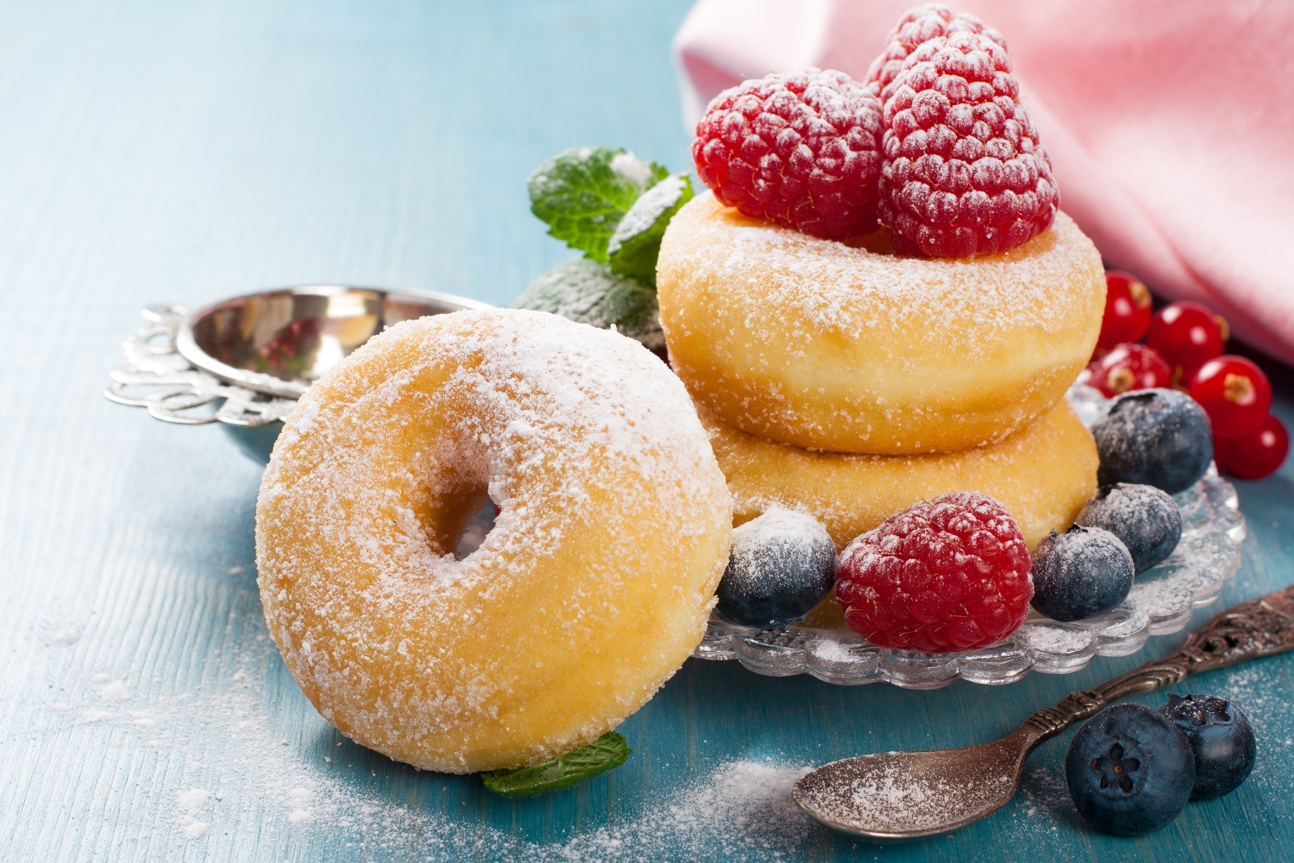 Food Fruit Berries Colorful Sweets Spoon Donut Donuts Sugar Blueberries Raspberries Mint Leaves Red  2560x1707