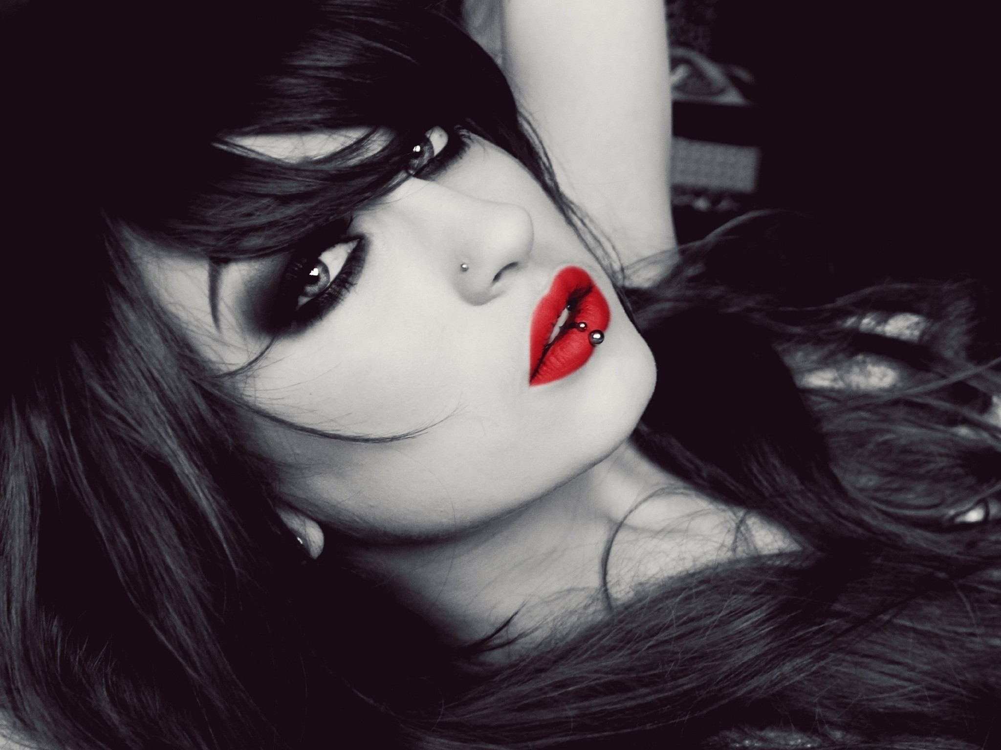 Red Lipstick Selective Coloring Women Niky Von Macabre Face Pierced Lip Model Portrait Lolina Green  2048x1536