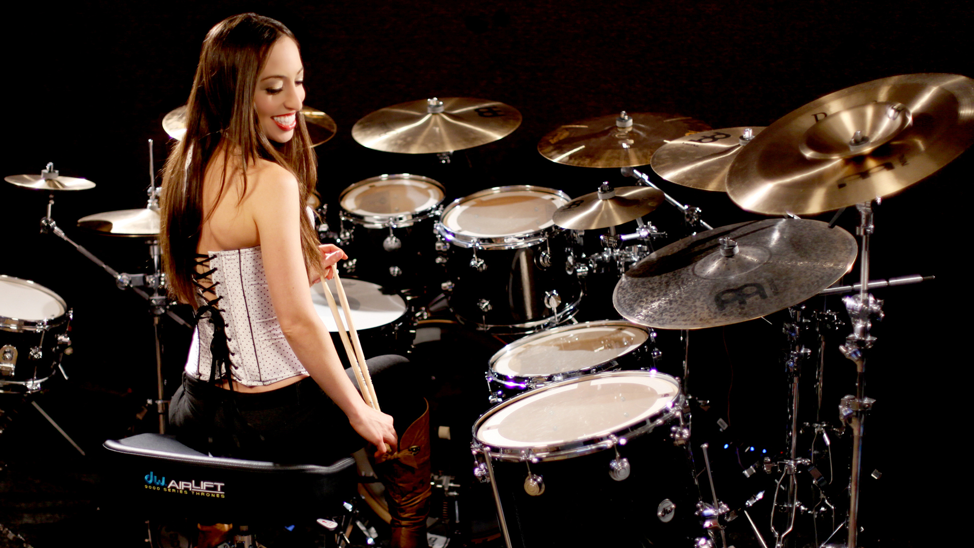 Meytal Cohen Drummer Drums Musician Black Background Brunette 1920x1080