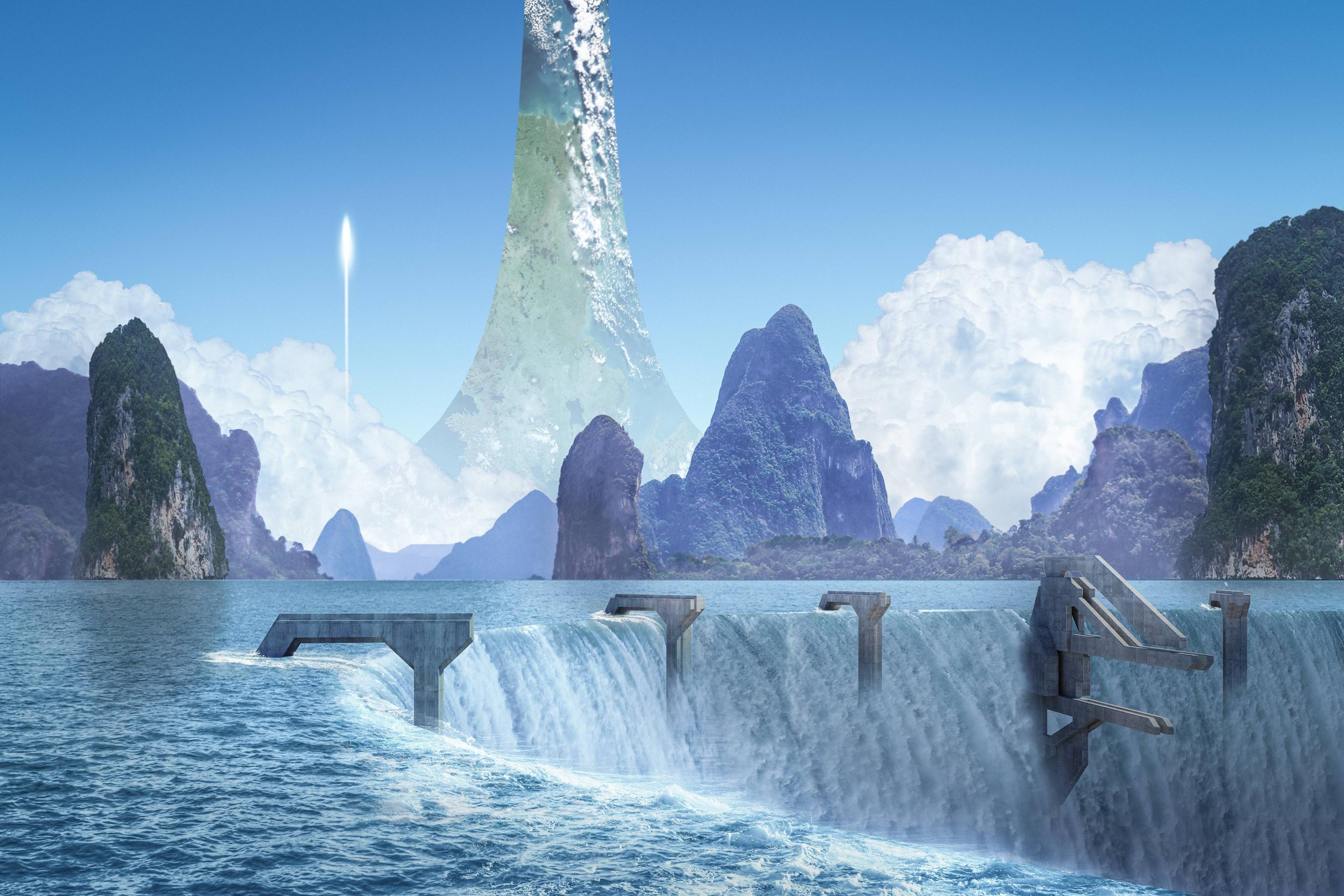 Video Games Halo Landscape Water Waterfall Digital Art Forerunner Clouds Fan Art Video Game Art 3200x2135