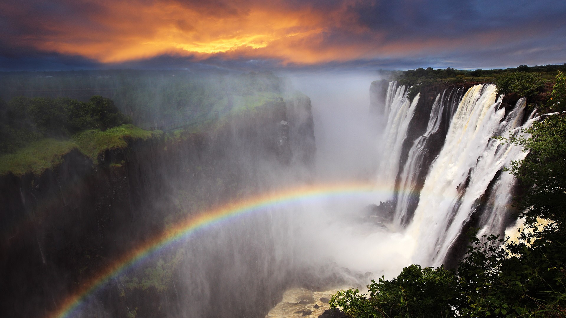 Nature Landscape Waterfall Trees Forest Water Clouds Mist Sunset Bridge Rocks Victoria Falls Zambia 1920x1080