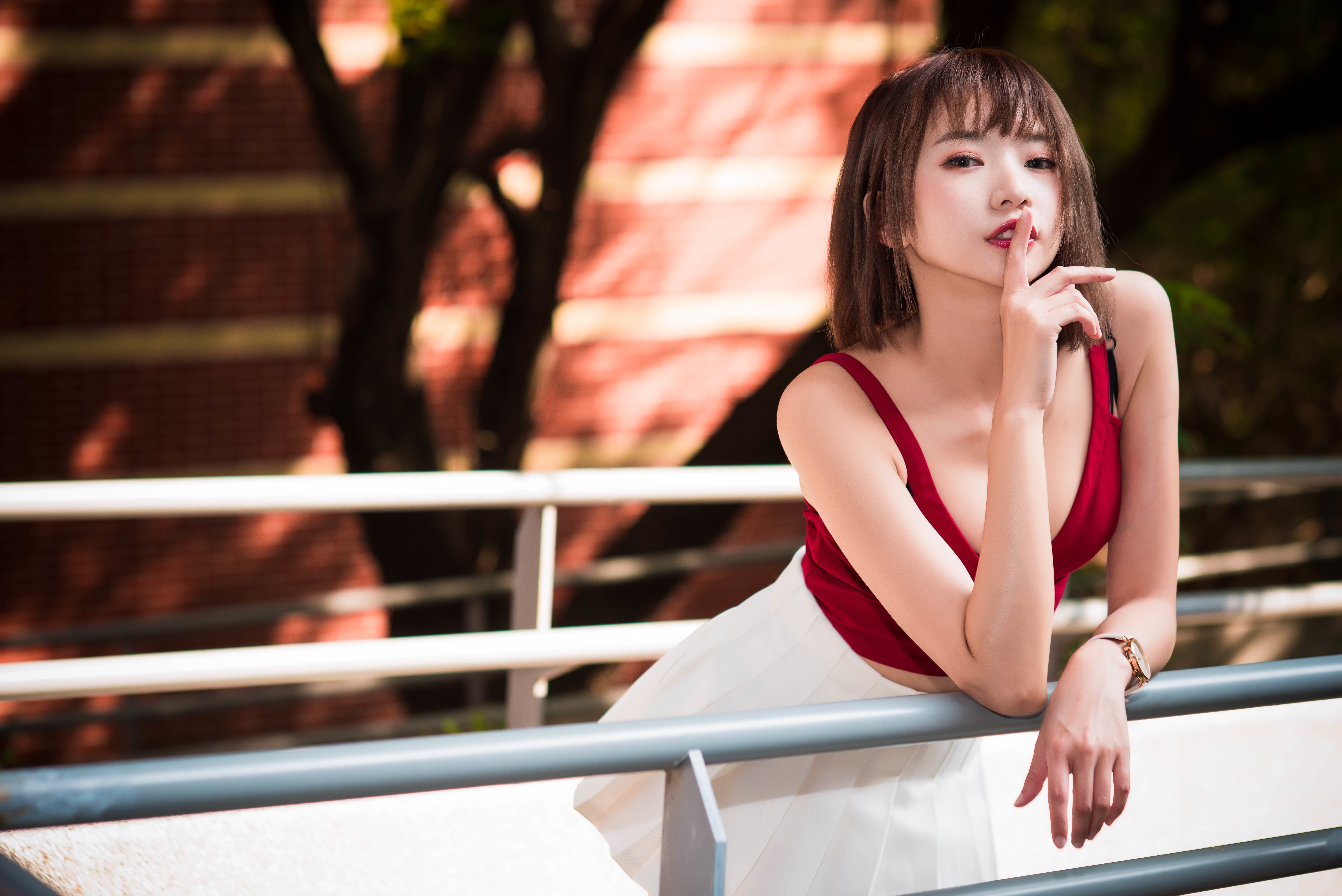 Asian Women Model Depth Of Field Railing Red Lipstick Watches Brunette Red Tops White Skirt Finger O 6143x4100