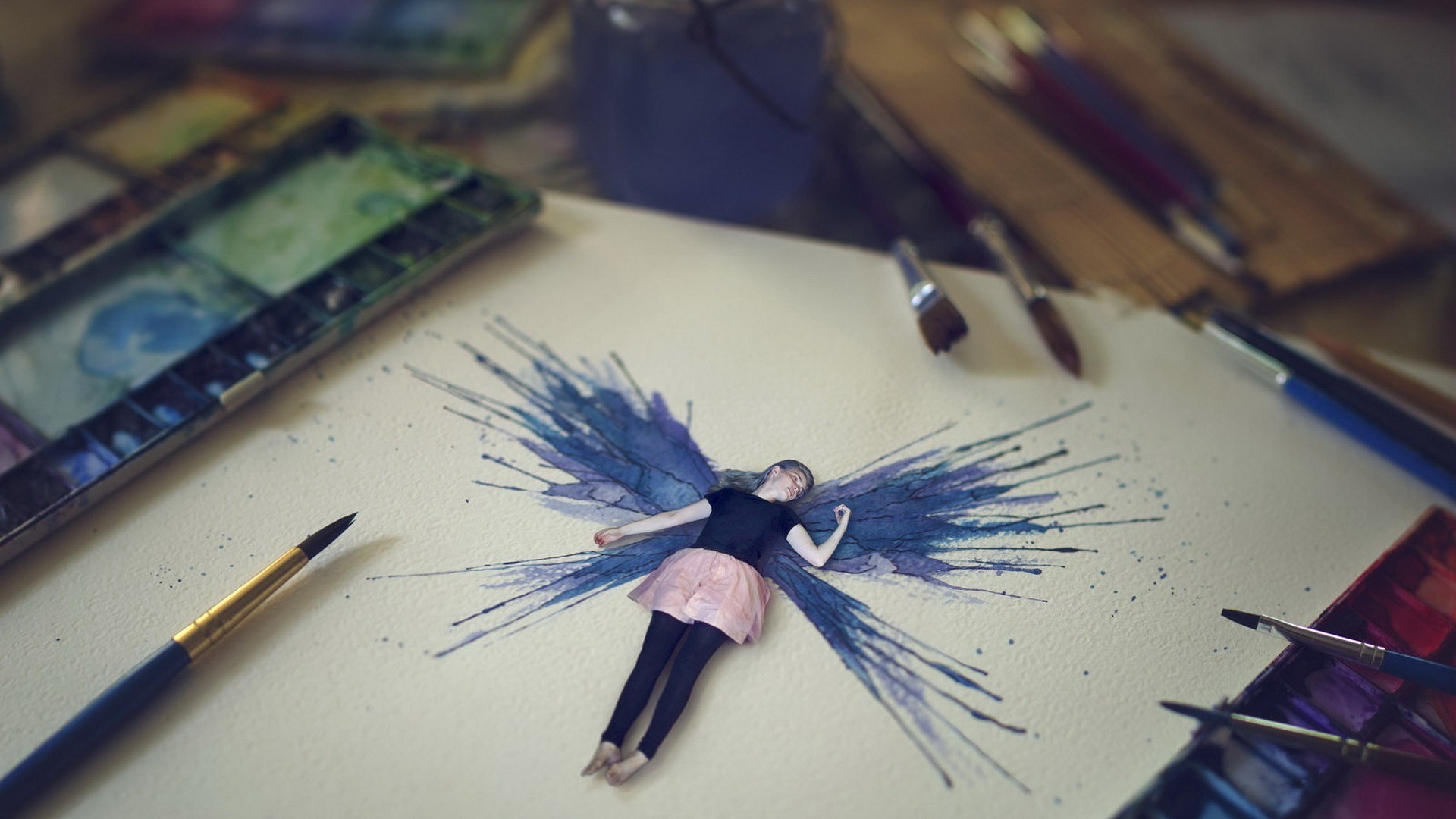 Fantasy Art Women Photo Manipulation Wings Painting Paintbrushes Paper Colorful Depth Of Field Black 1920x1080