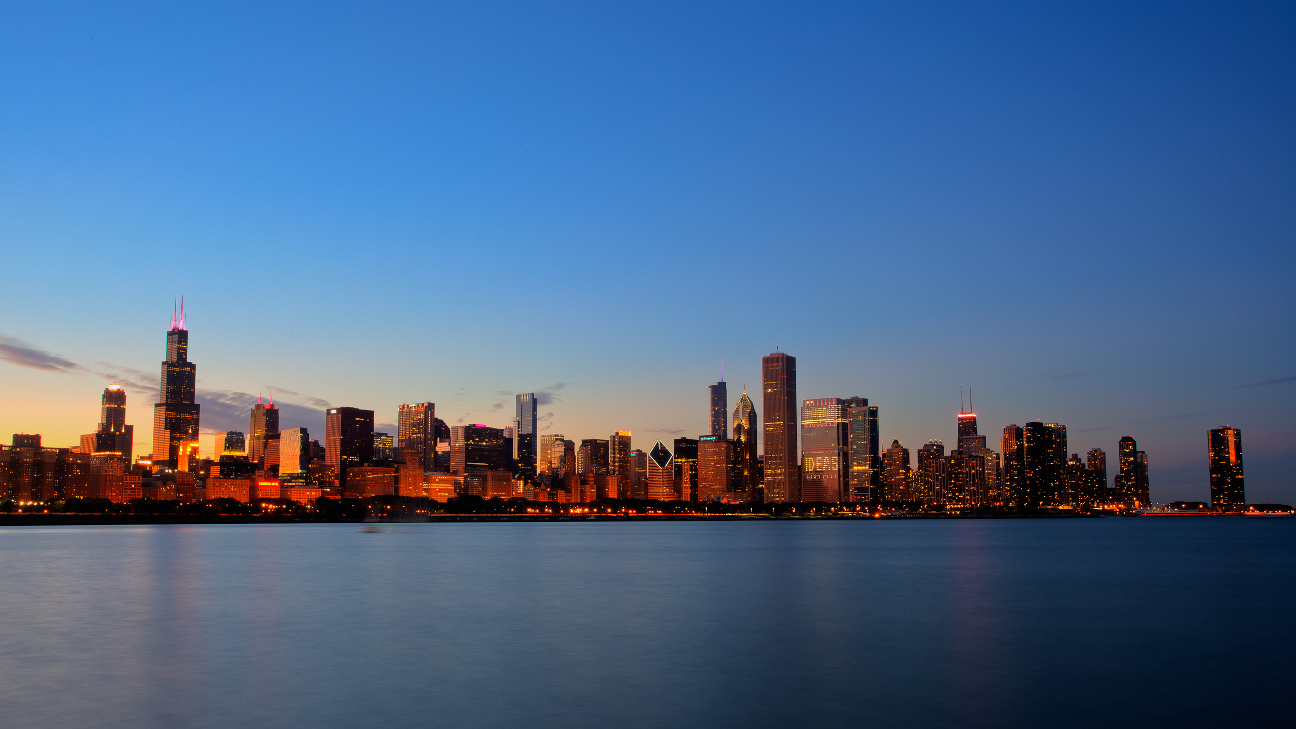 City Chicago Illinois USA Sunset Building Skyscraper Lights Cityscape Orange 2560x1440
