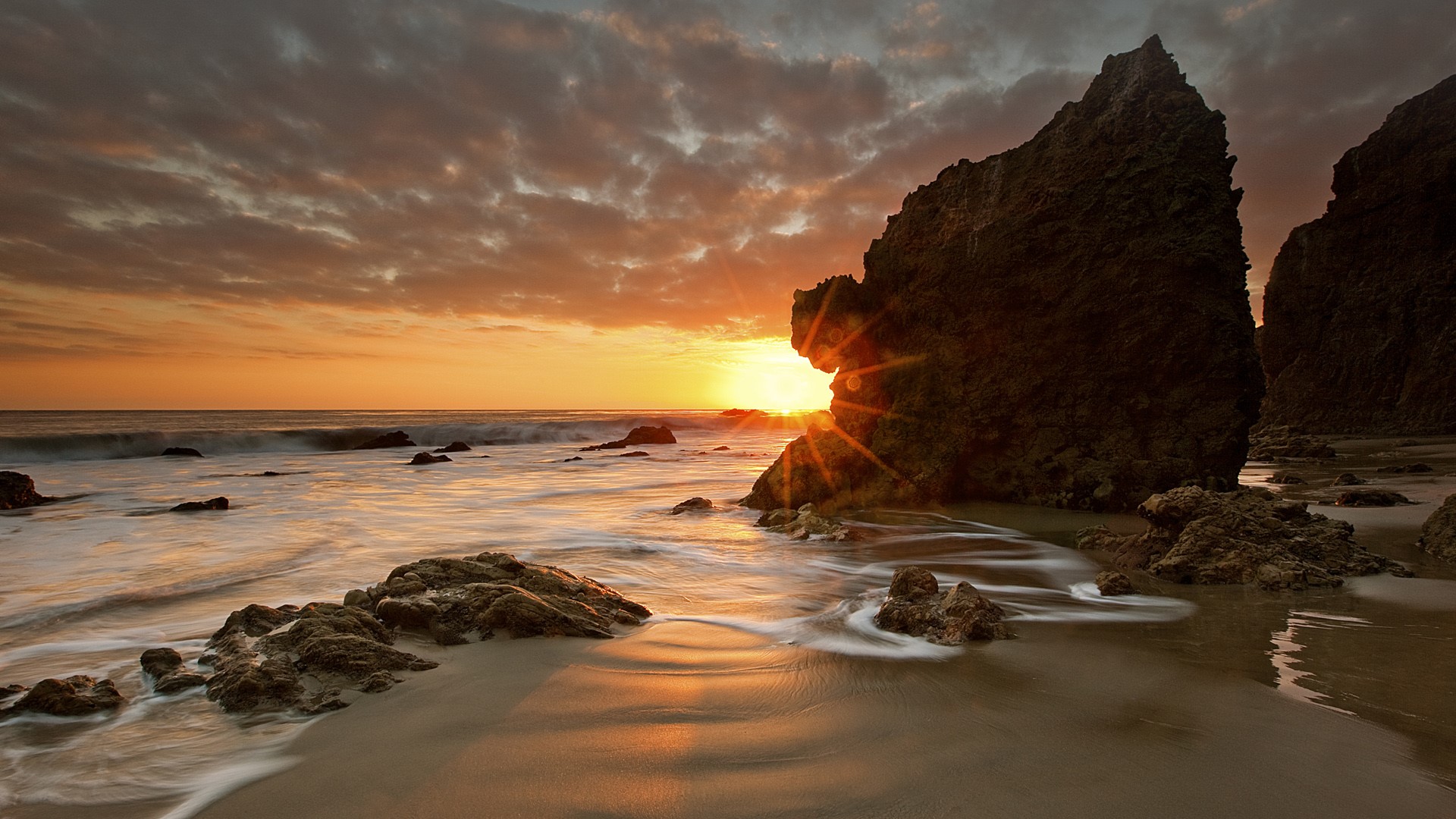 Nature Landscape Sand Rocks Sunset Water Long Exposure Clouds Sky Beach Sun Rays Malibu California U 1920x1080