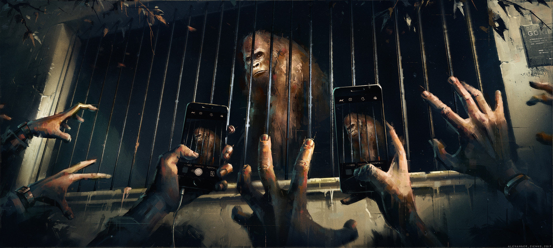 Alexander Zienko Gorillas Hands Smartphone Jail Painting 1920x864
