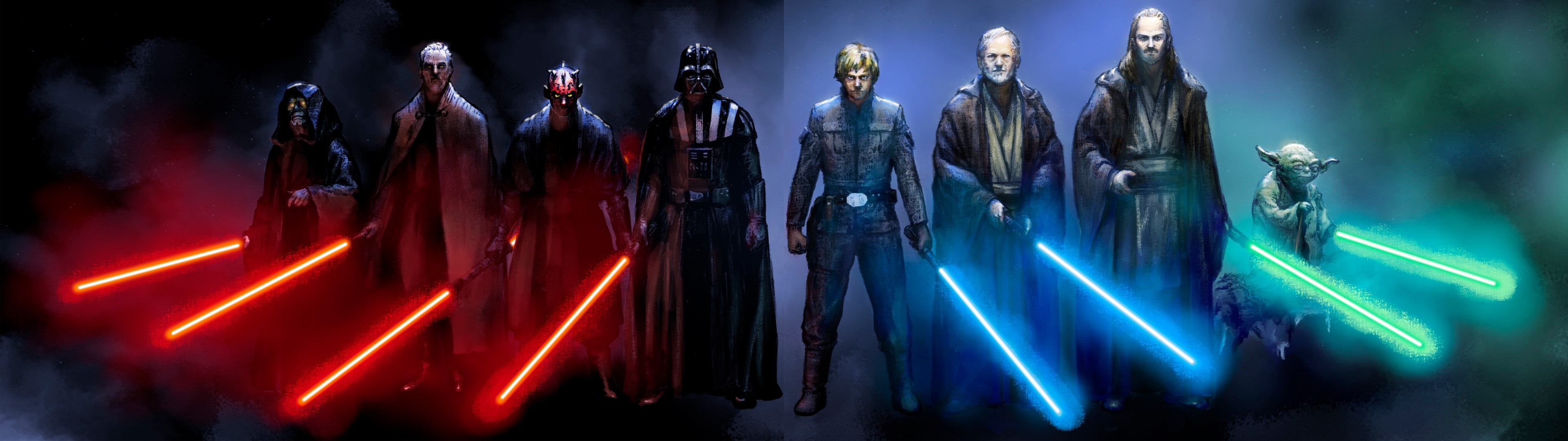 Darth Vader Darth Maul Yoda Obi Wan Kenobi Sith Star Wars Jedi Lightsaber Qui Gon Jinn Emperor Palpa 3840x1080