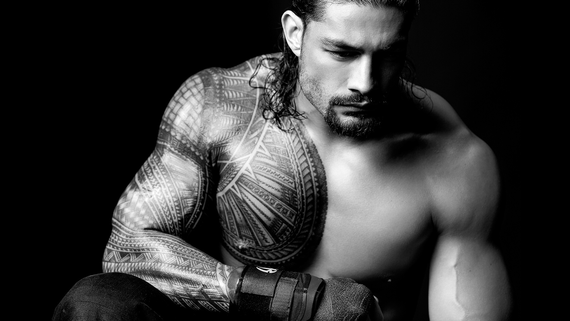 Men Model Monochrome Face Muscles Tattoo WWE Roman Reigns 1920x1080