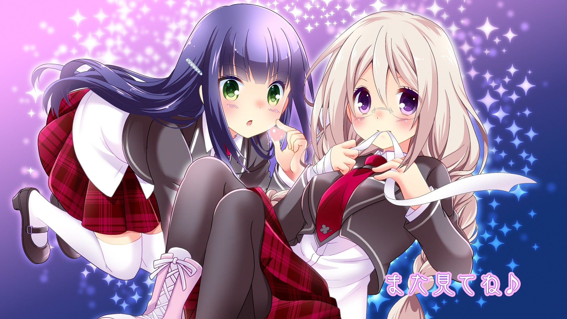 Anime Anime Girls Purple Hair Blonde Purple Eyes Green Eyes School Uniform Glasses Anne Happy Hibari 1920x1080