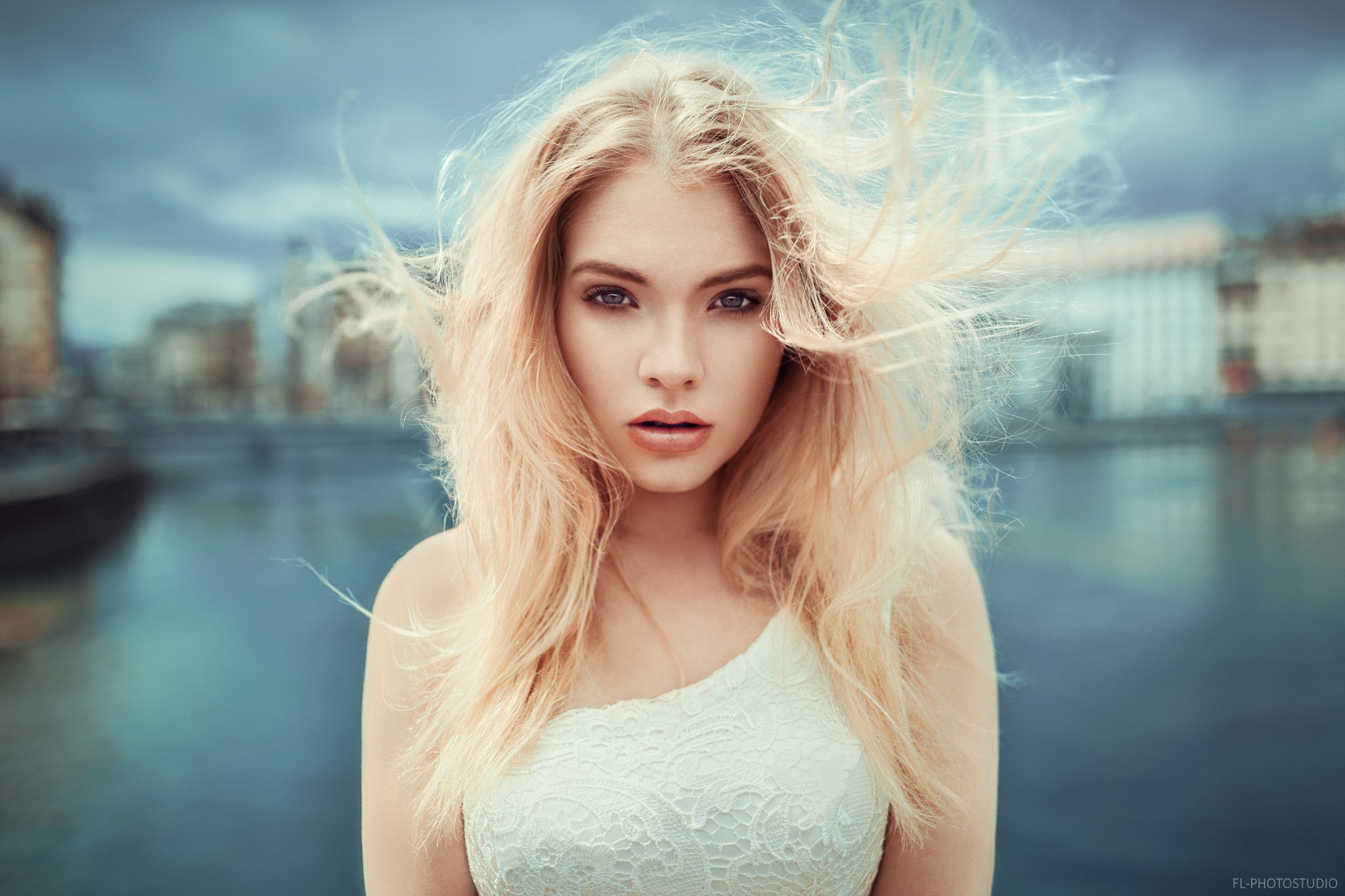 Women Face Portrait Blonde River 2048x1365