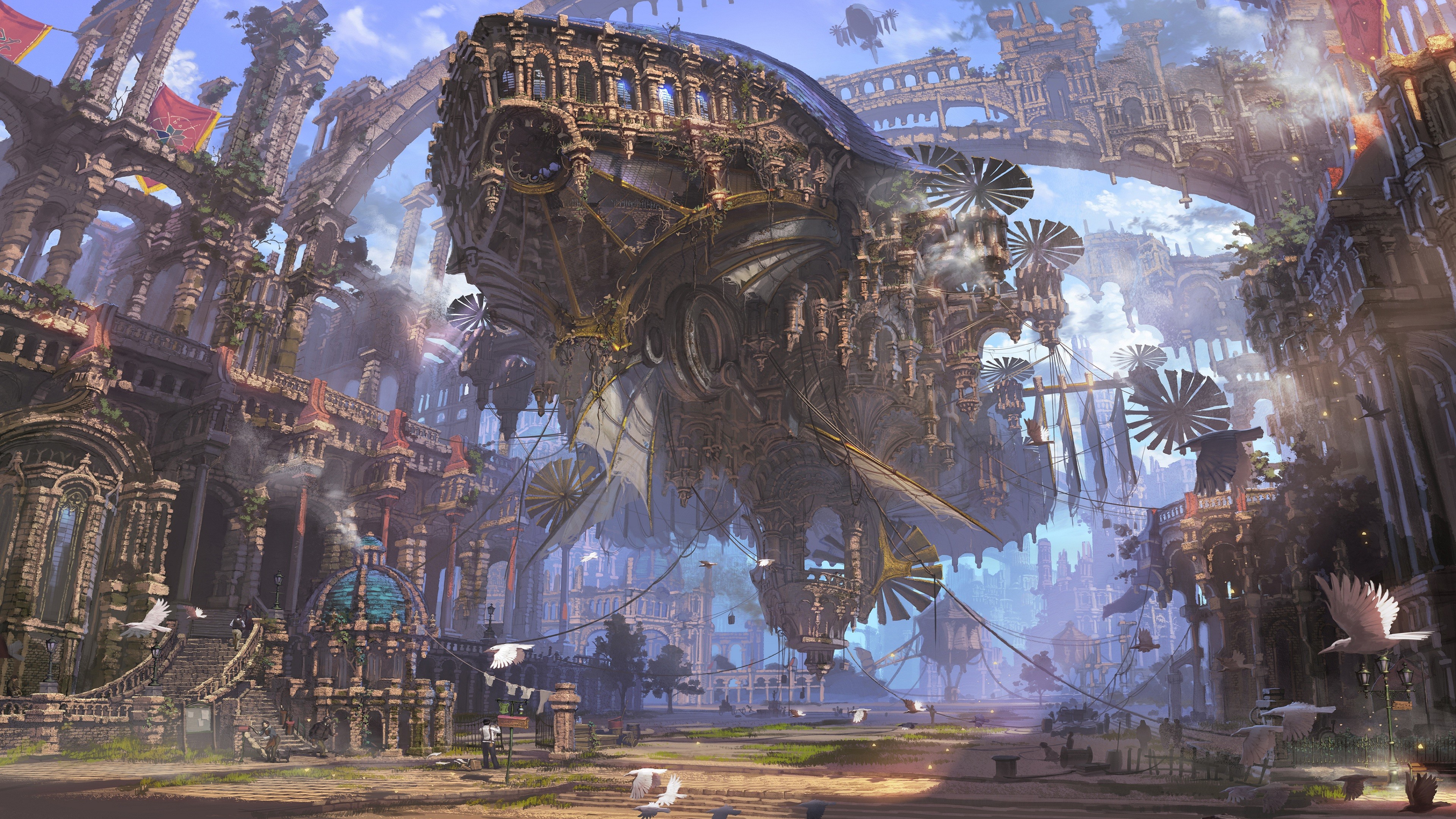 Ship Ruin Futuristic City Fantasy Art Steampunk Airship 3840x2160