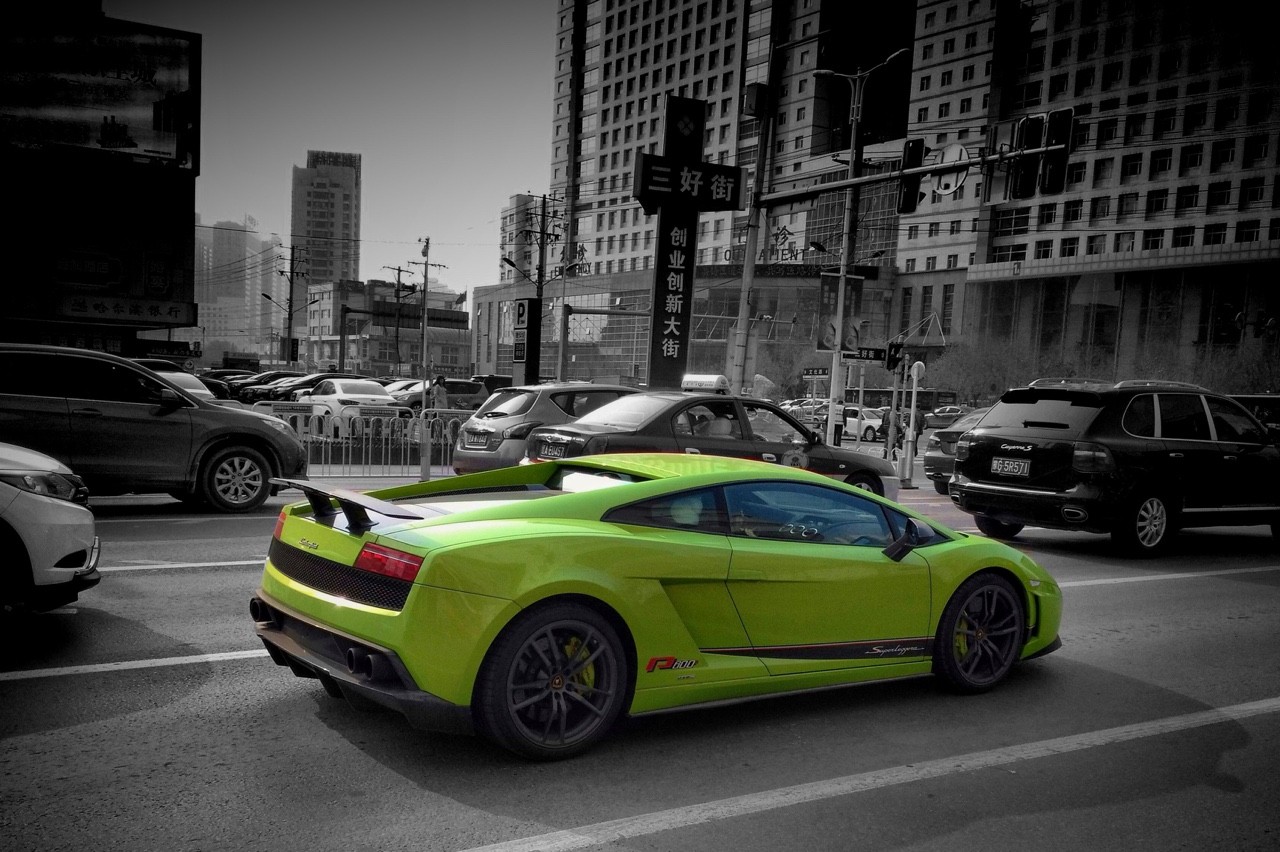 Car Lamborghini Gallardo Superleggera LP570 City Filter Selective Coloring Traffic Building Street I 1280x852