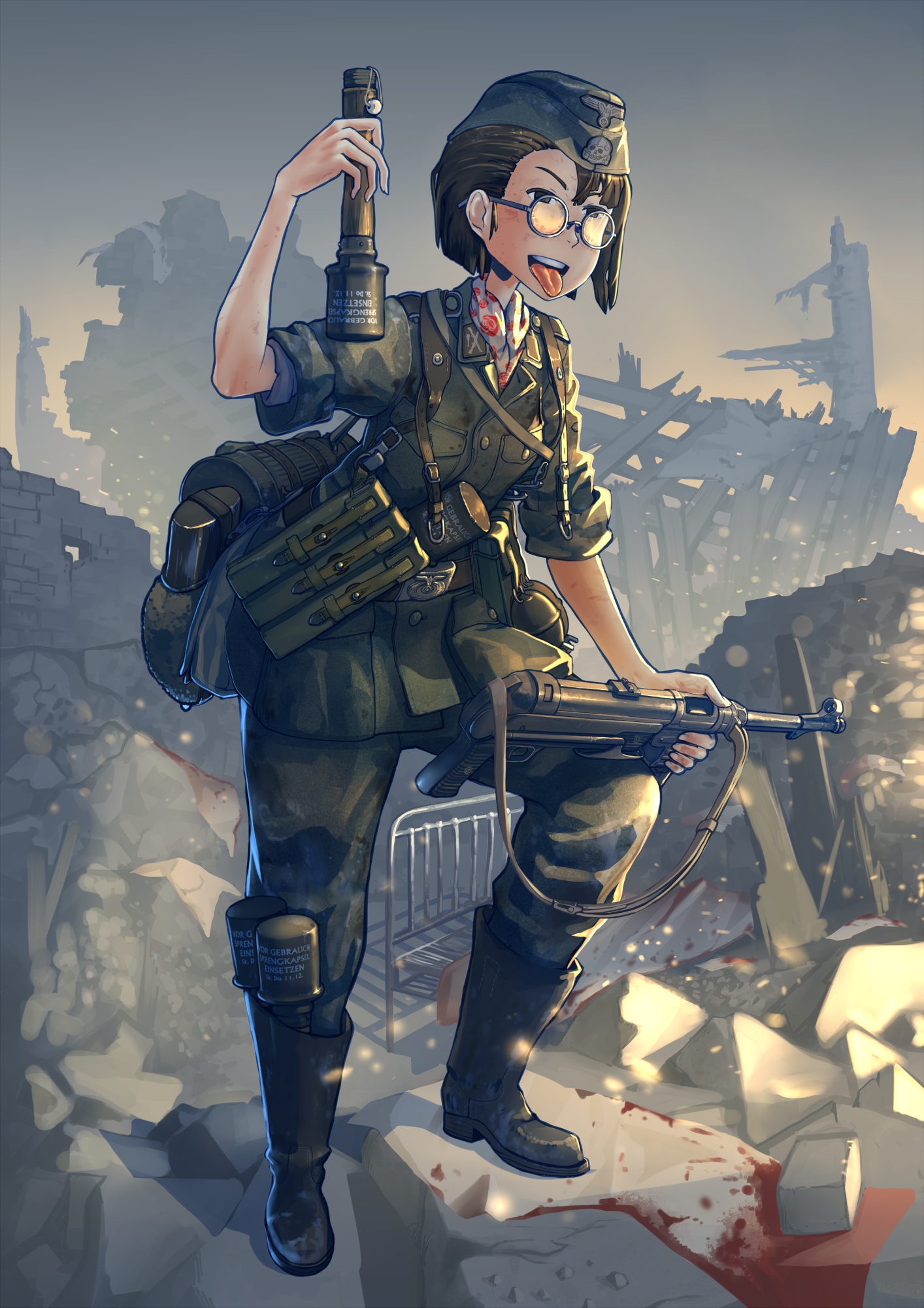 Anime Anime Girls Waffen Ss German Army Short Hair Glasses World War Ii Uniform Soldier Gun Weapon M 1414x2000