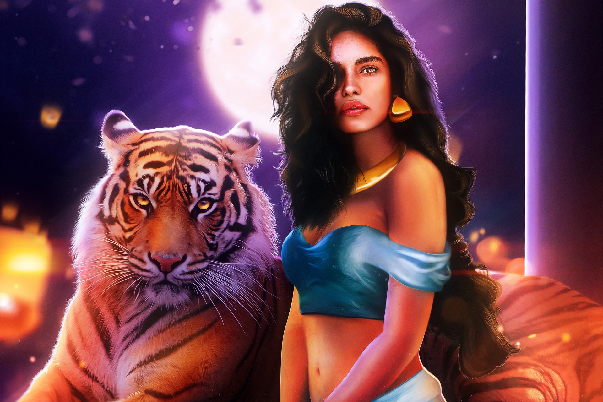 Fantasy Girl Tiger Long Hair Animals Aladdin Jasmine 1920x1280