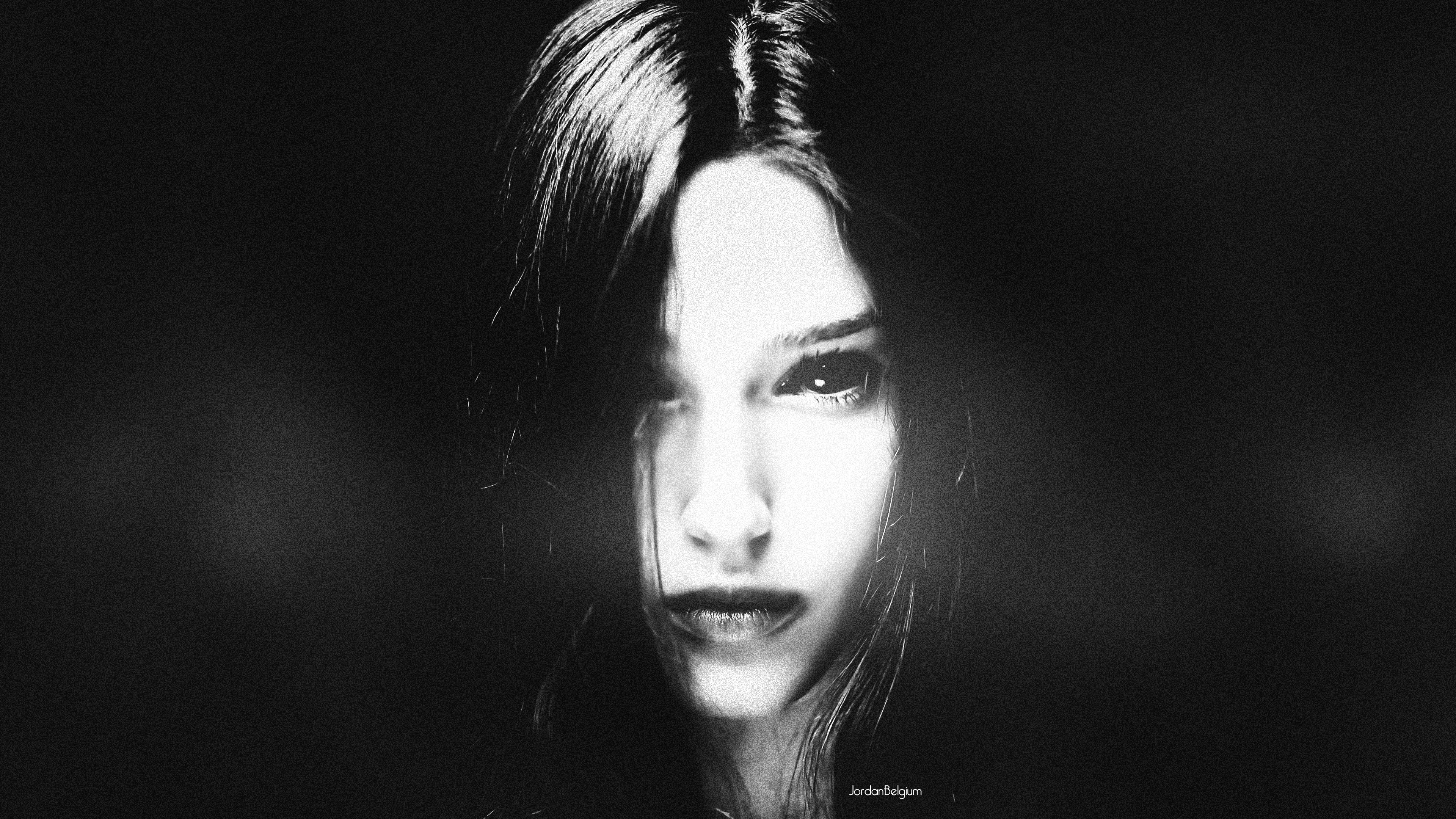 Horror Exorcism Women Photoshop Monochrome Face Simple Background Model Jordan Belgium 3840x2160