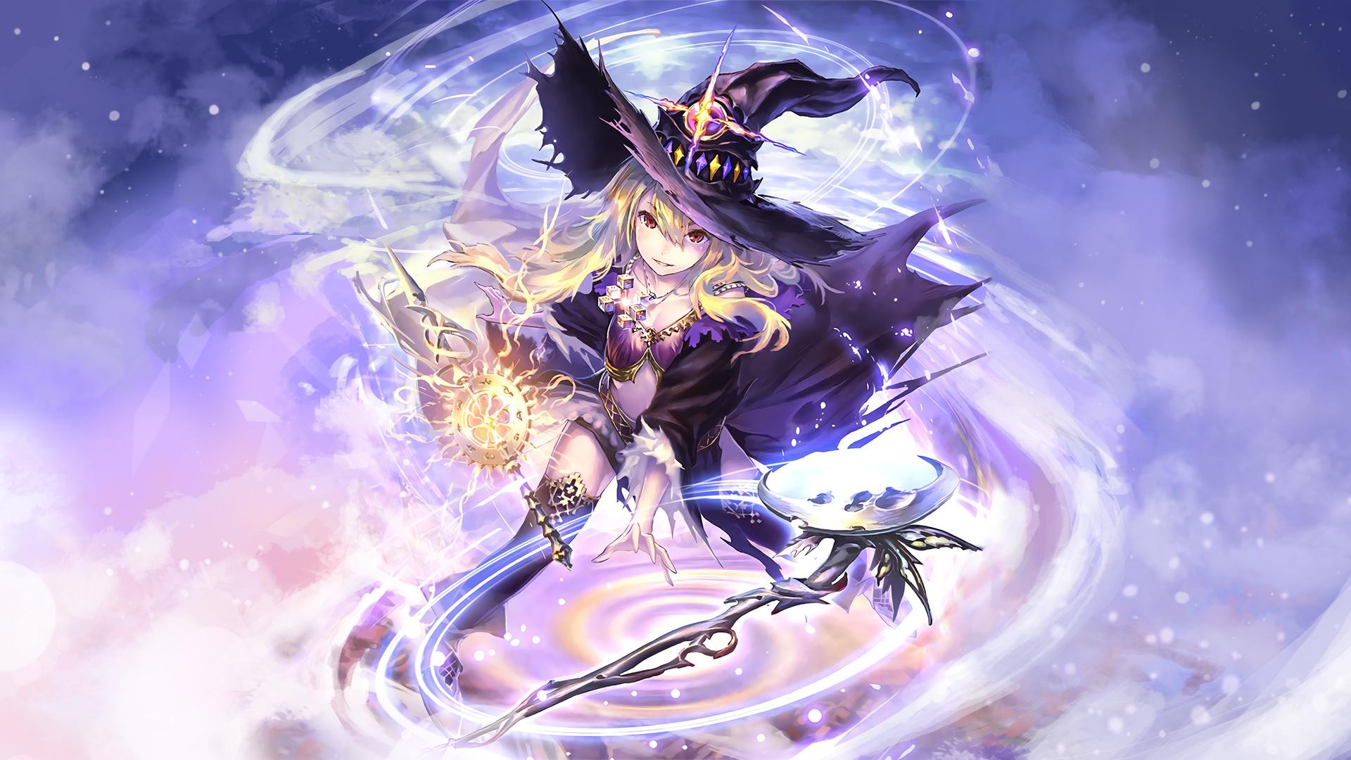 Anime Anime Girls Wizard Witch Blonde Long Hair Red Eyes Thigh Highs Looking At Viewer Magic Staff S 1920x1080