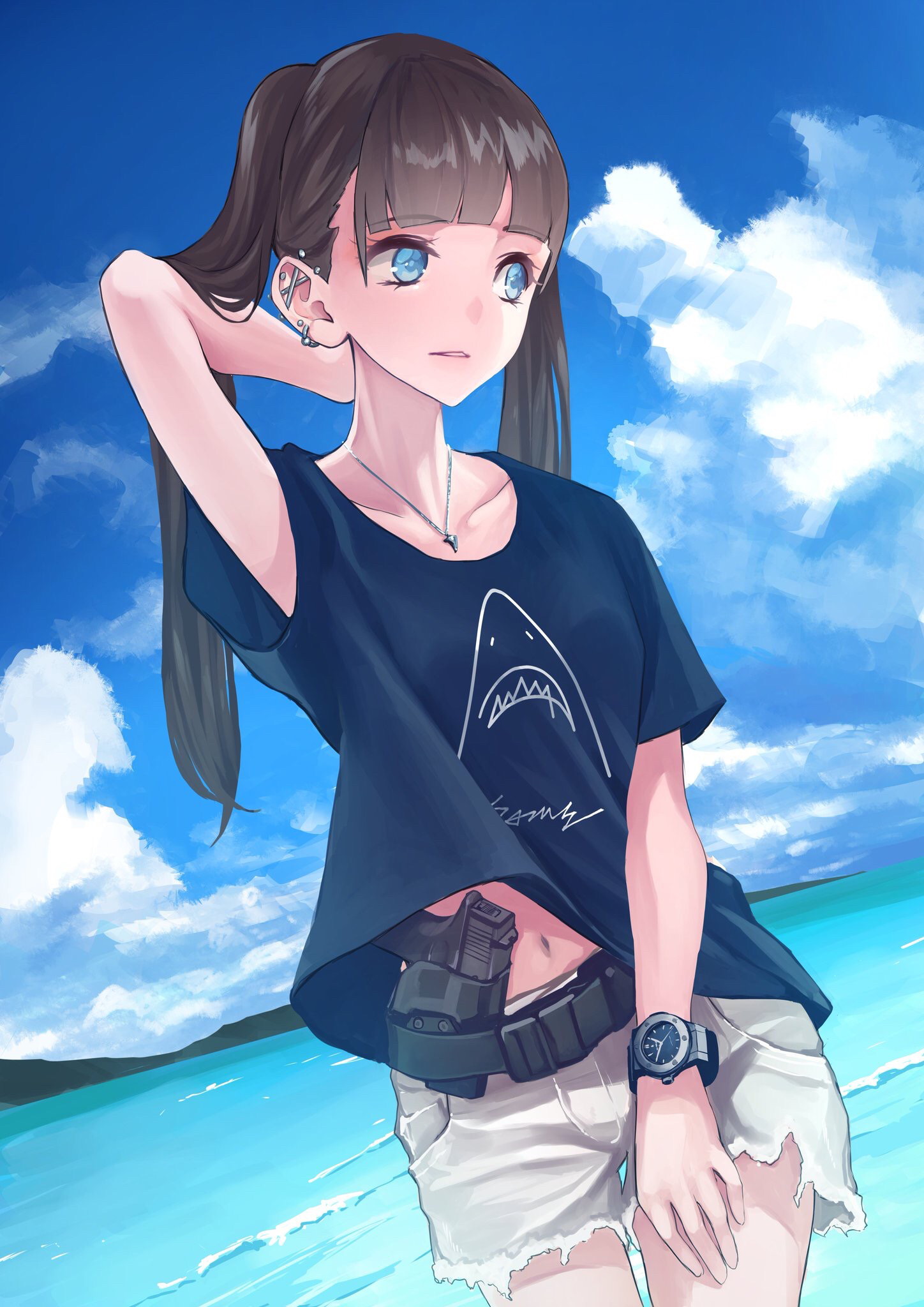 Anime Girls Pistol Watches Sea Side Anime 1448x2048