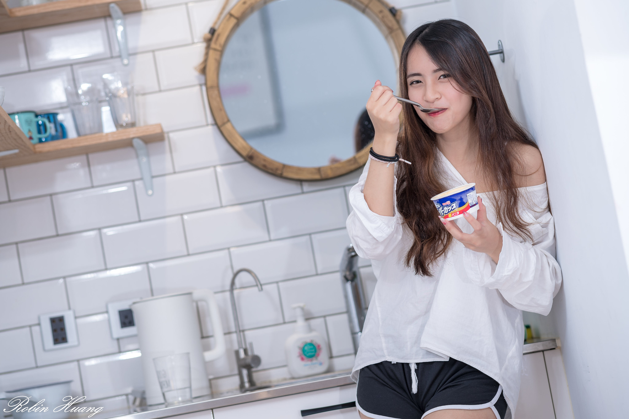 Asian Women Model Long Hair Brunette Eating Mirror Bracelets Shirt Sink Cupboard 2048x1365