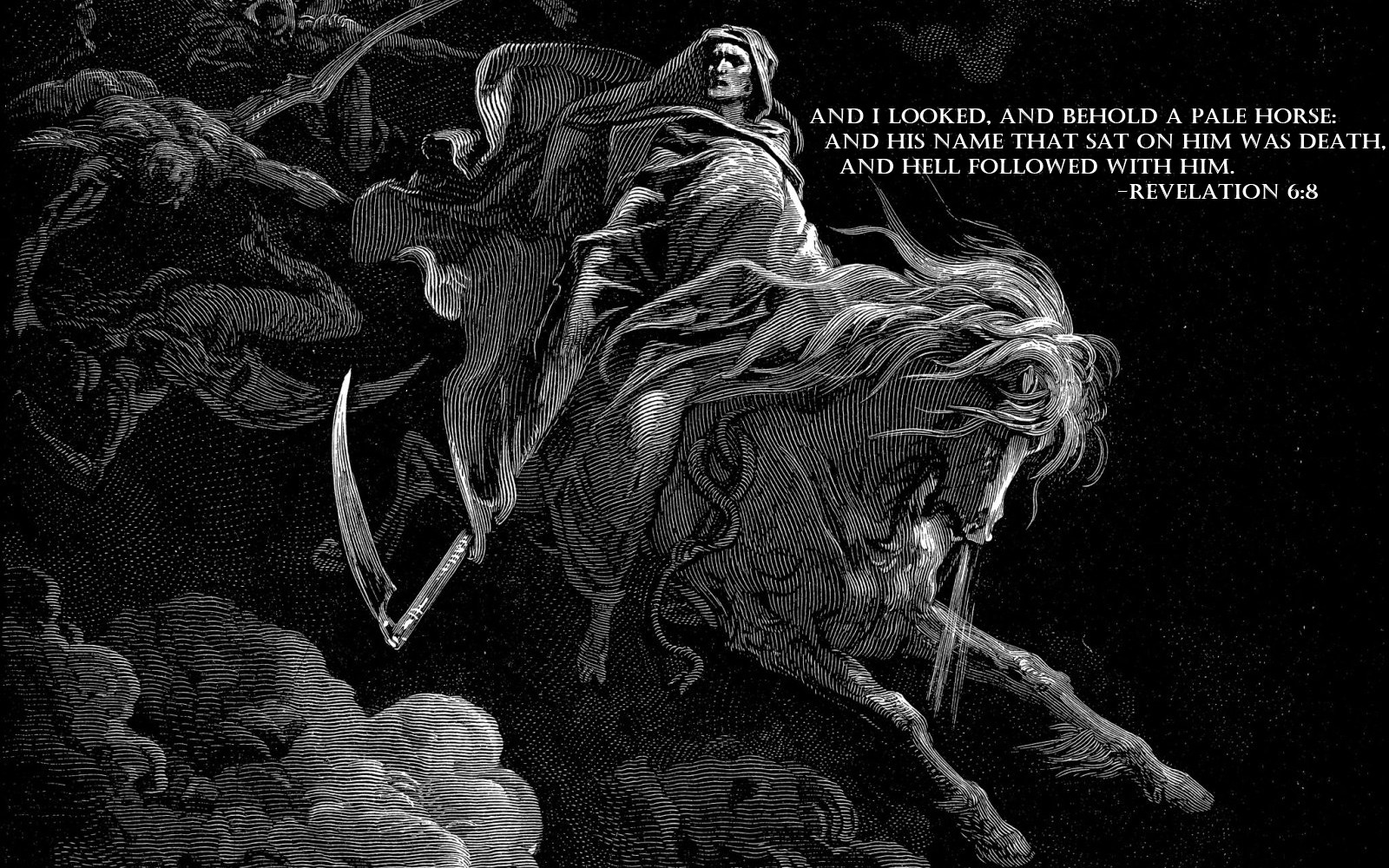 Apocalyptic Drawing Horse Death Heaven Hell Holy Bible Gustave Dore Lithograph 1600x1000