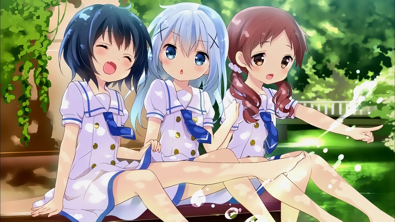 Gochuumon Wa Usagi Desu Ka Anime Girls Legs Barefoot Blue Eyes Anime Open Mouth 1366x768