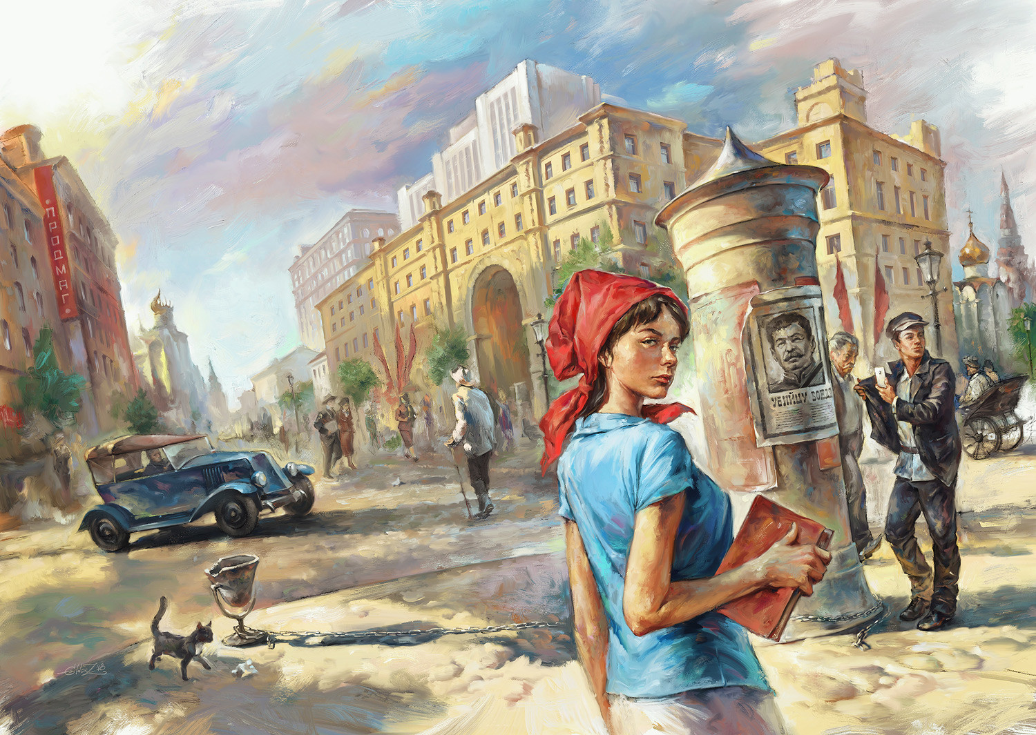 Painting Digital Art Eldar Zakirov Women Brunette Street City Car Men People Cats Blouse Skirt Jacke 1500x1065
