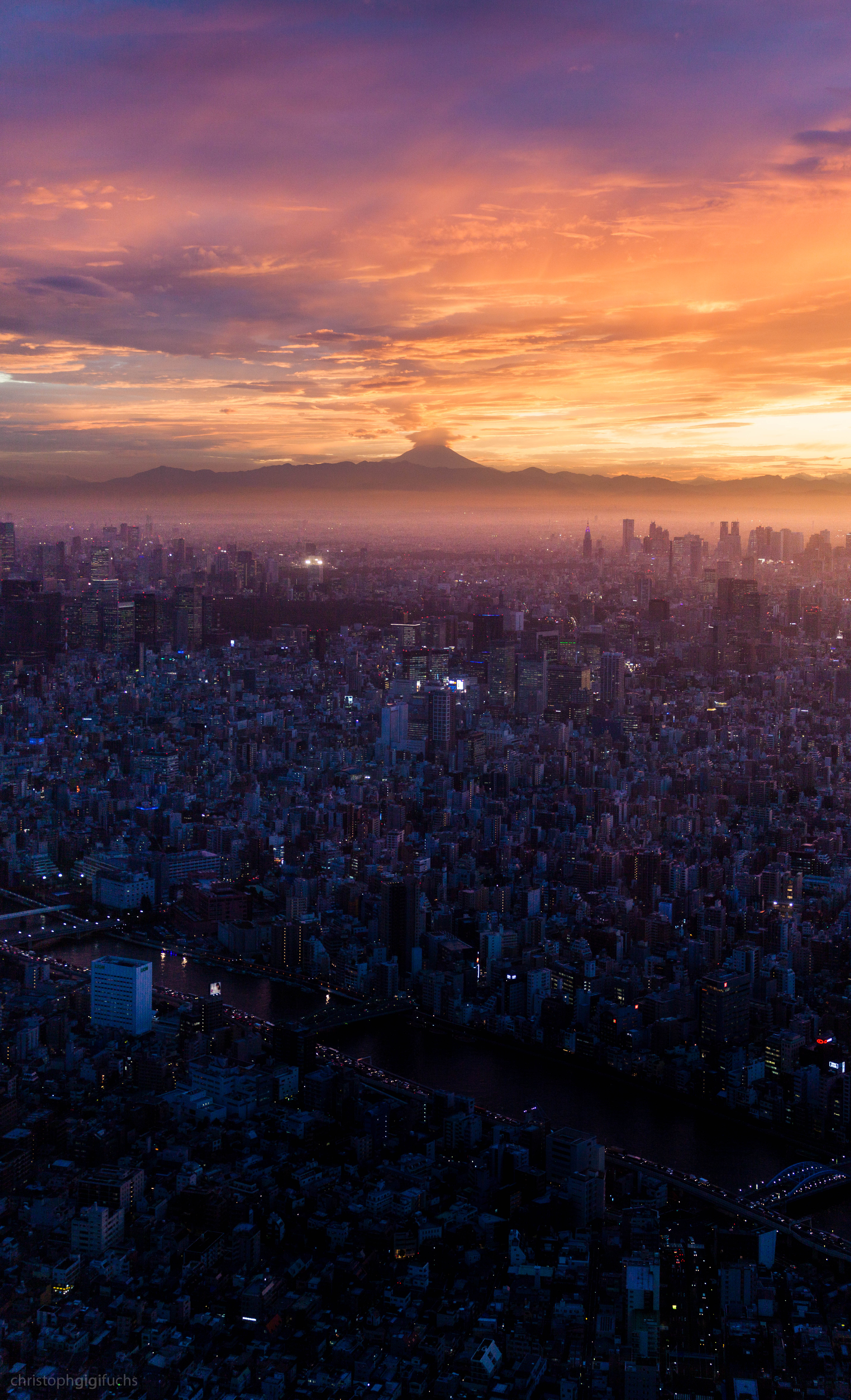 Sunset Mount Fuji Cityscape Horizon Volcano Clouds Tokyo Prefecture 5378x8852