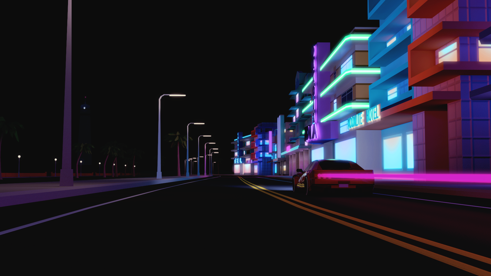 City Urban Street Car CGi Render Building Night City Lights Motion Blur Miami Florida Grand Theft Au 1920x1080