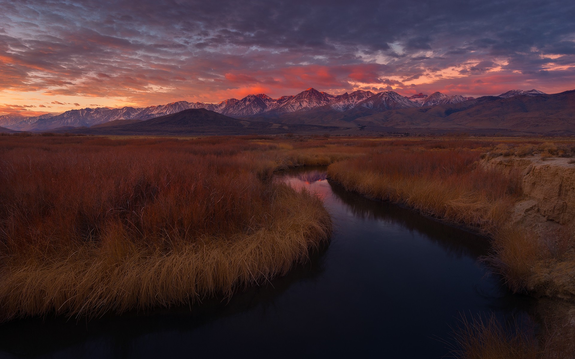 Landscape River California Mountains Sierra Nevada Sunset Orange Sky 1920x1200