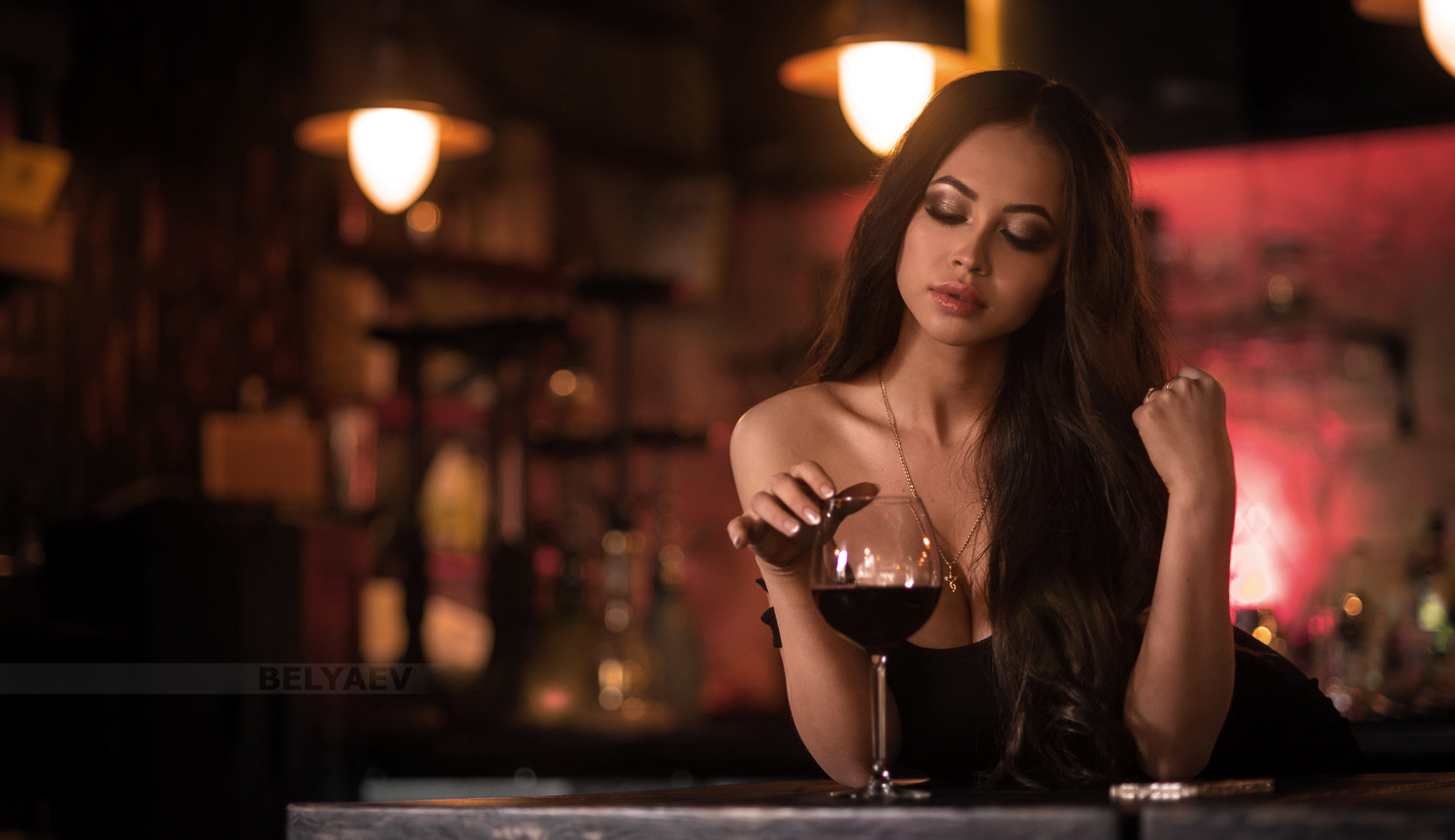 Dmitry Belyaev Women Brunette Long Hair Makeup Jewelry Necklace Dress Bare Shoulders Black Clothing 1500x866