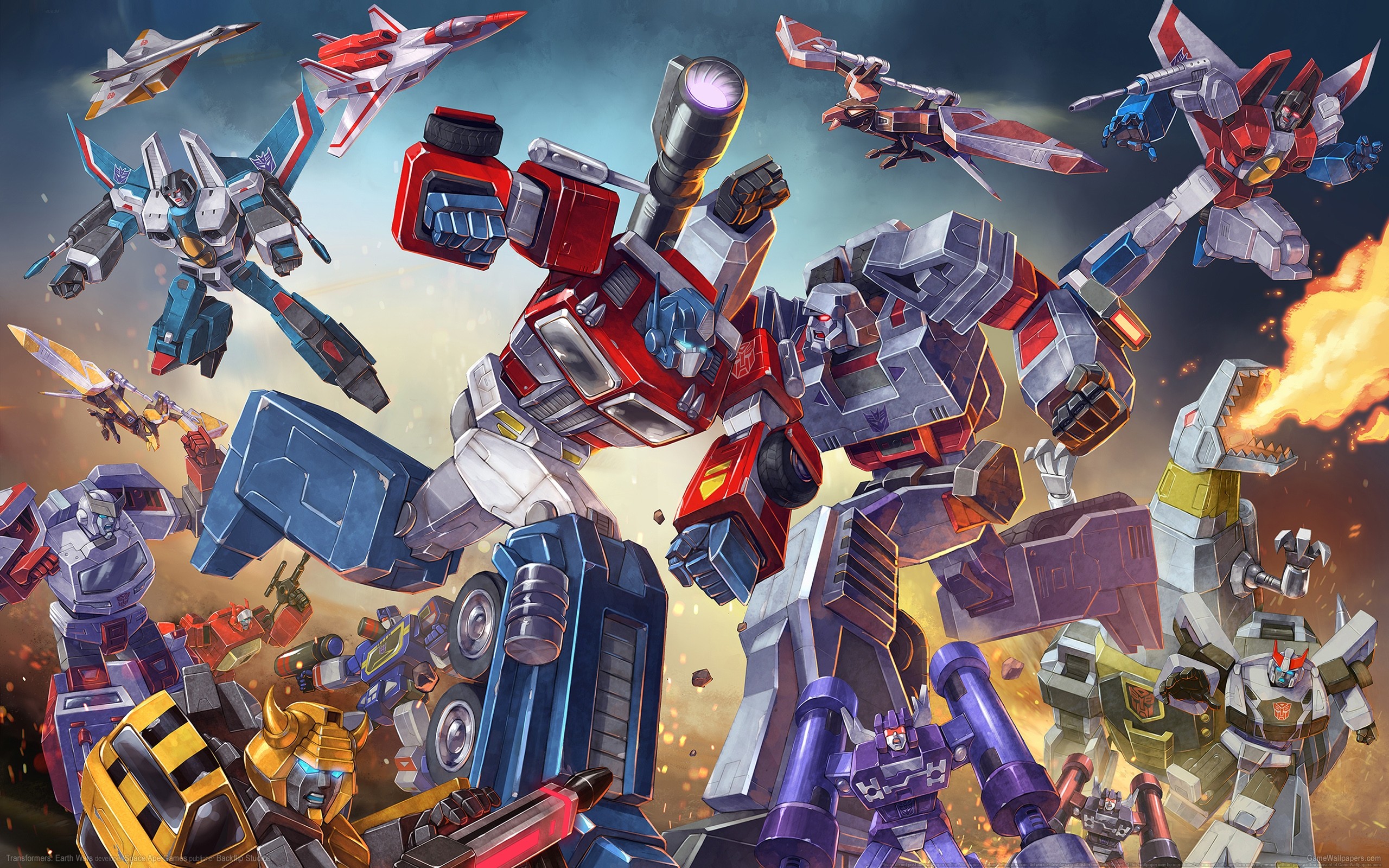 Transformers G1 Optimus Prime Bumblebee Megatron Battle 2560x1600