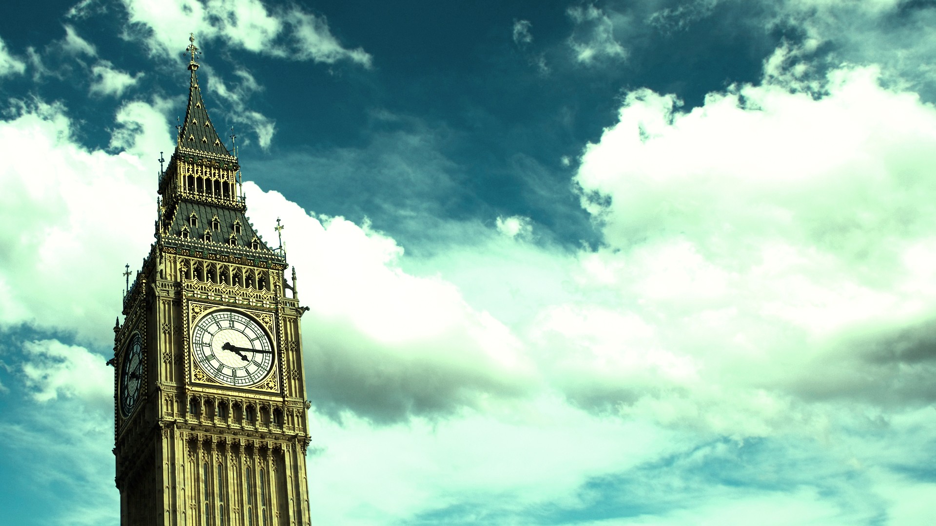 Big Ben London England Architecture Building Sky Cityscape Clocks Clouds Clocktowers Cyan 1920x1080