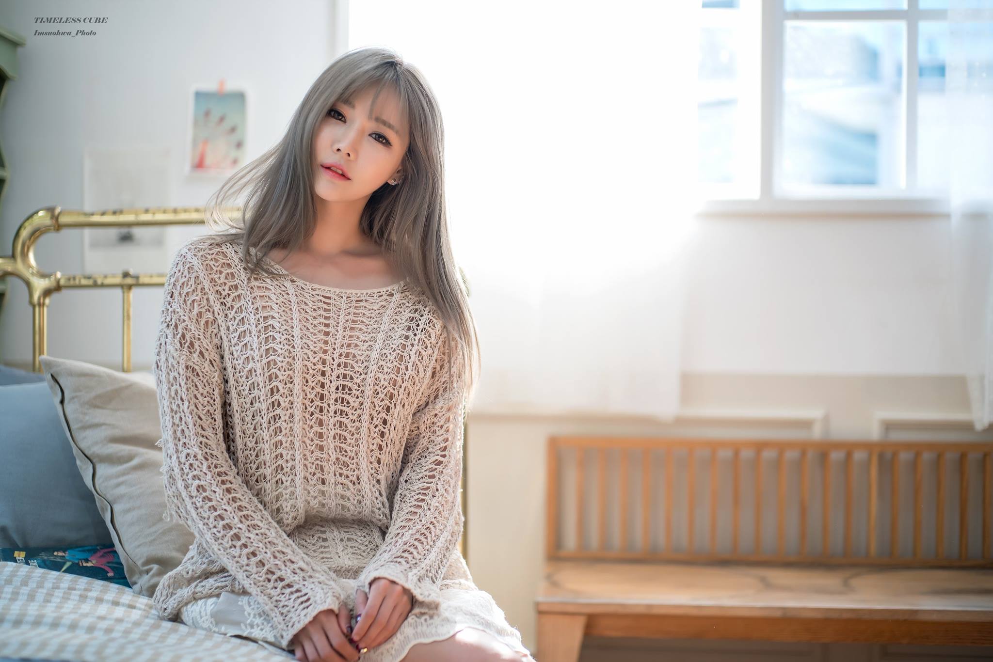Han Ga Eun Asian Model Long Hair Sunlight Loose Clothing In Bed 2048x1366
