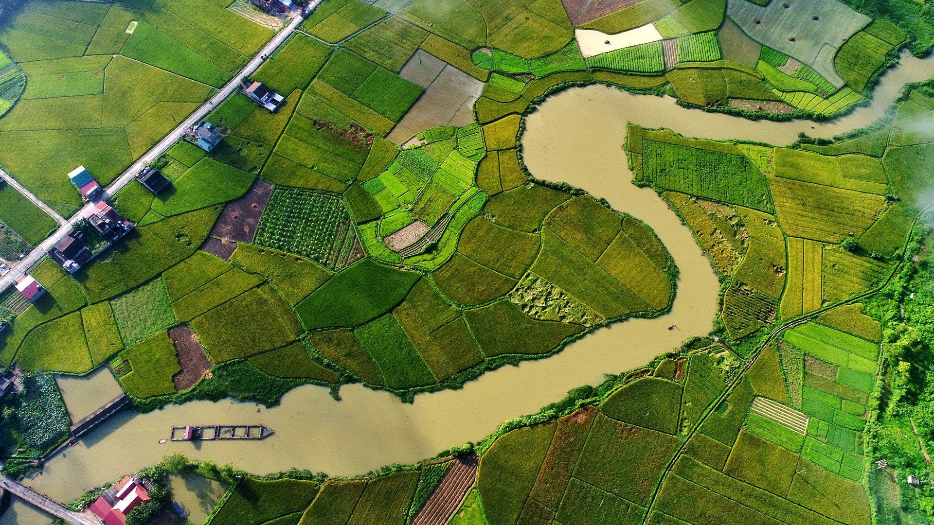 Aerial View Aerial View Landscape Landscape River Road Flood House Field Vietnam Green 1920x1080
