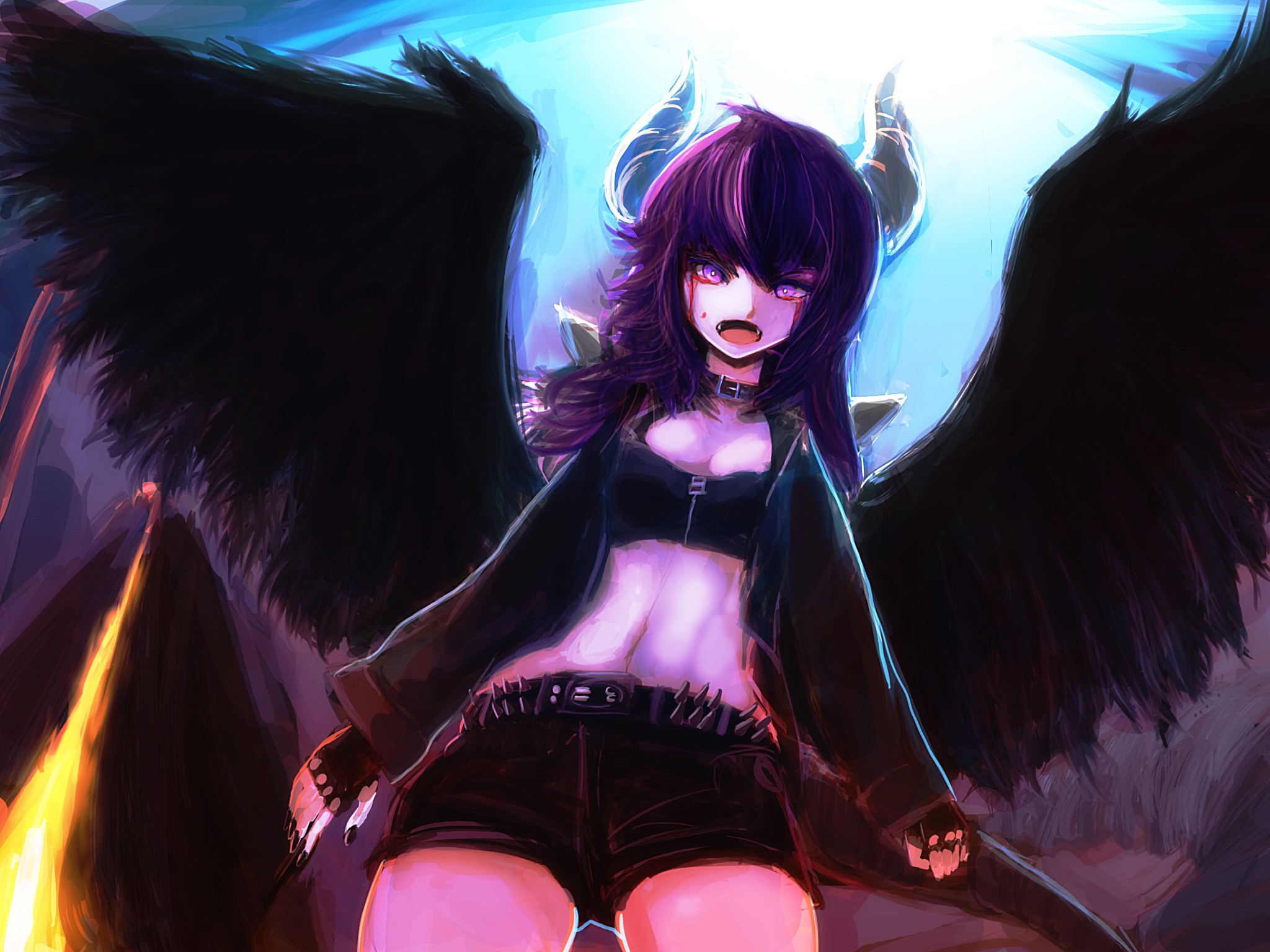 Angle Demon Anime Girls Horns Wings Open Mouth 2048x1536
