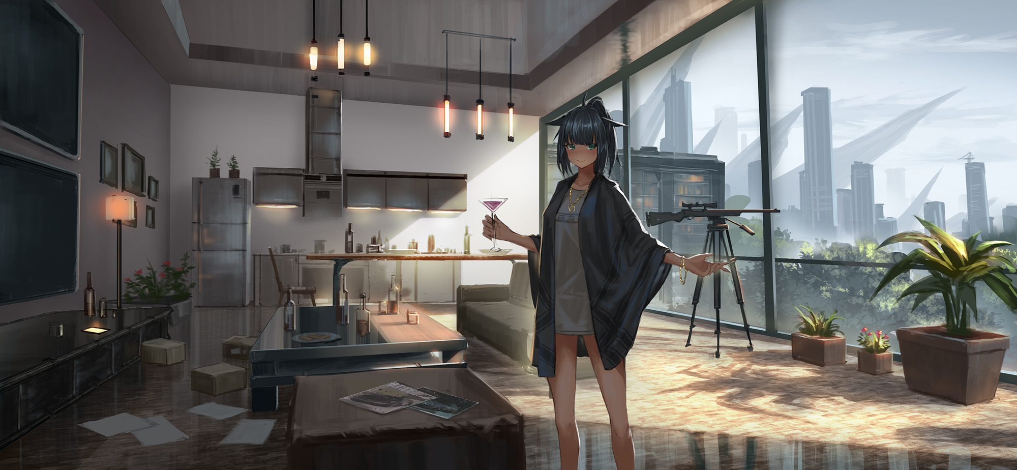 Digital Art Artwork Anime Anime Girls Portrait Short Hair Arknights Room Weapon City Plants Kitchen  2000x924